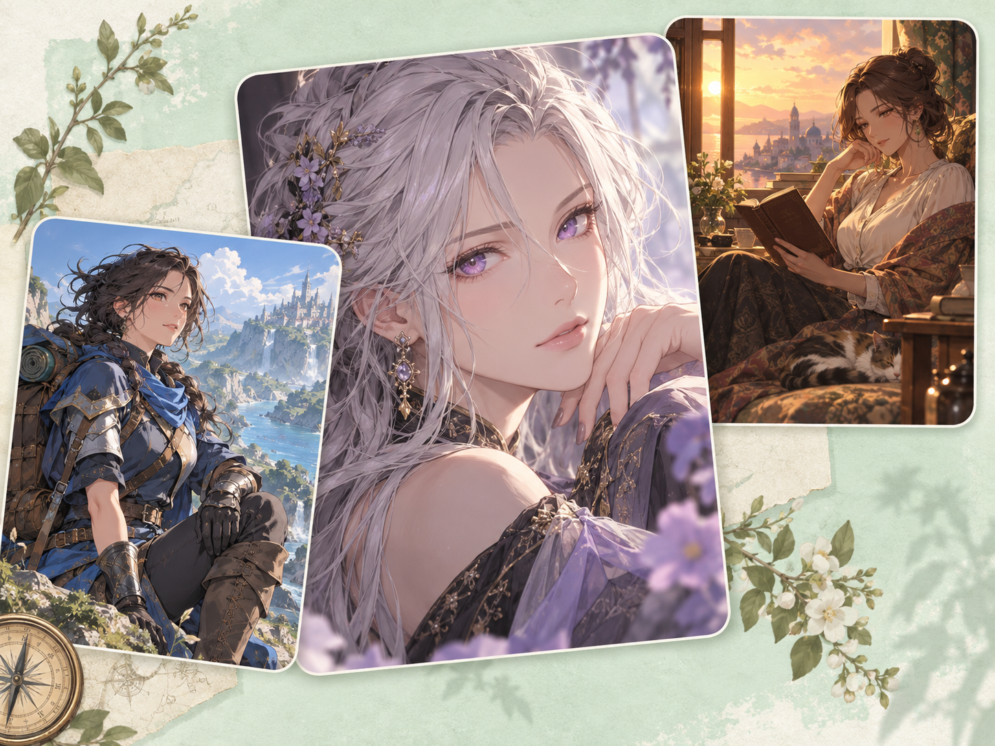 Original anime-inspired collage of three adult characters in fantasy and reading scenes