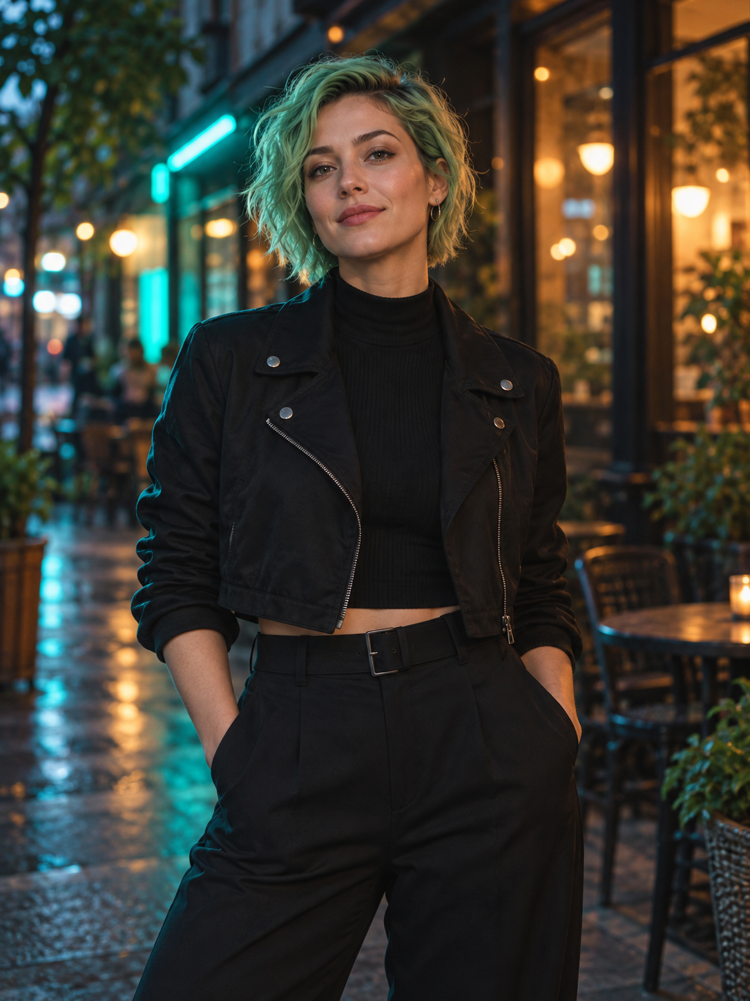 Original portrait of a fictional adult woman outside a softly lit night café