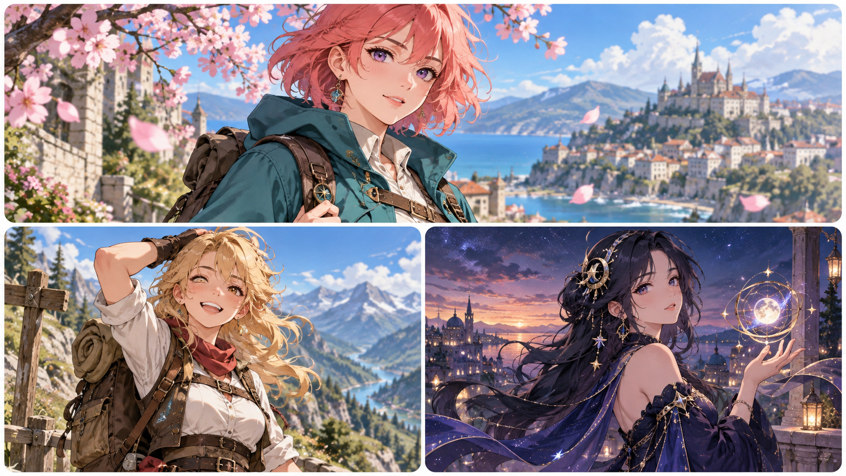 Three original anime-inspired adult character illustrations in spring and twilight scenes