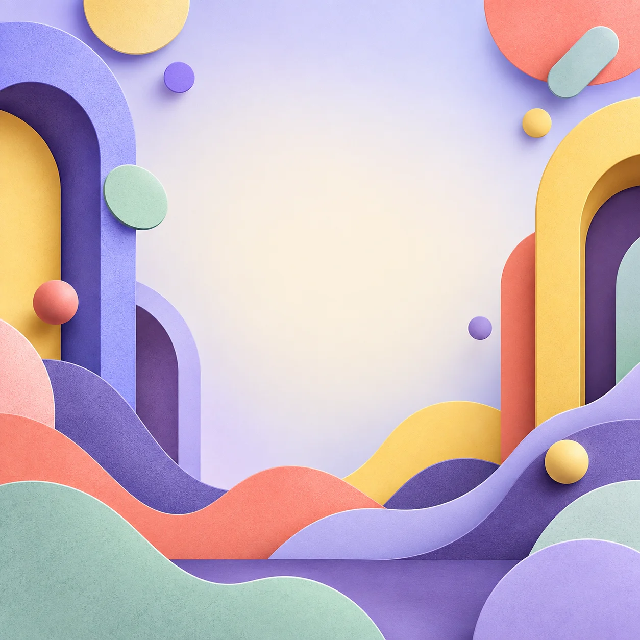 Colorful abstract illustration with rounded arches, layered paper waves, and clear center space