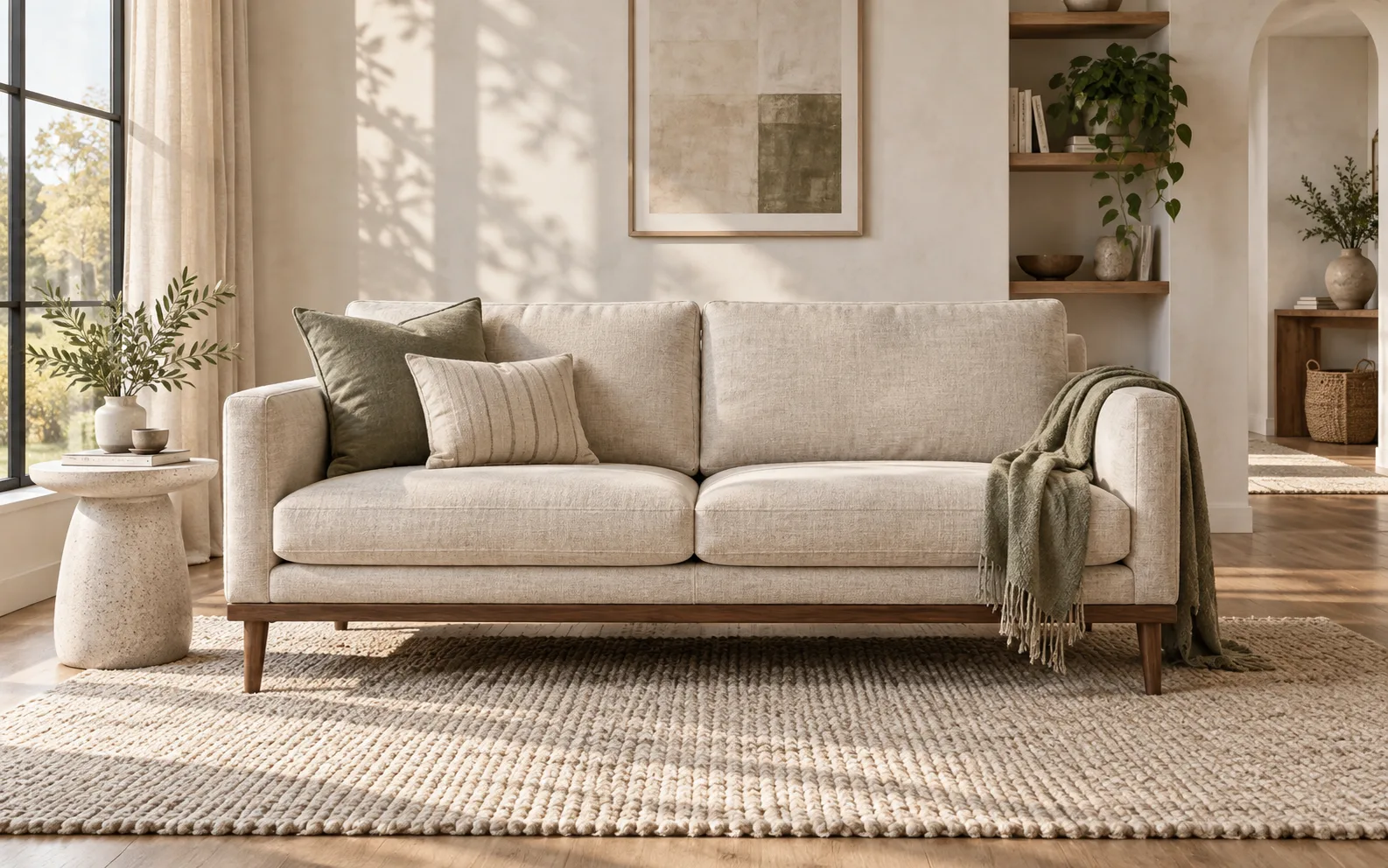 Oatmeal linen sofa at natural scale in a warm sunlit living room