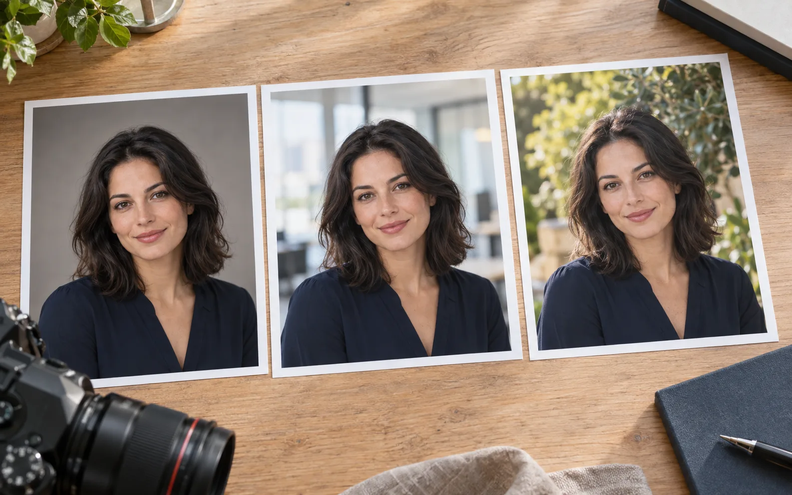 Photographer's contact sheet of the same portrait in studio, office, and outdoor backgrounds