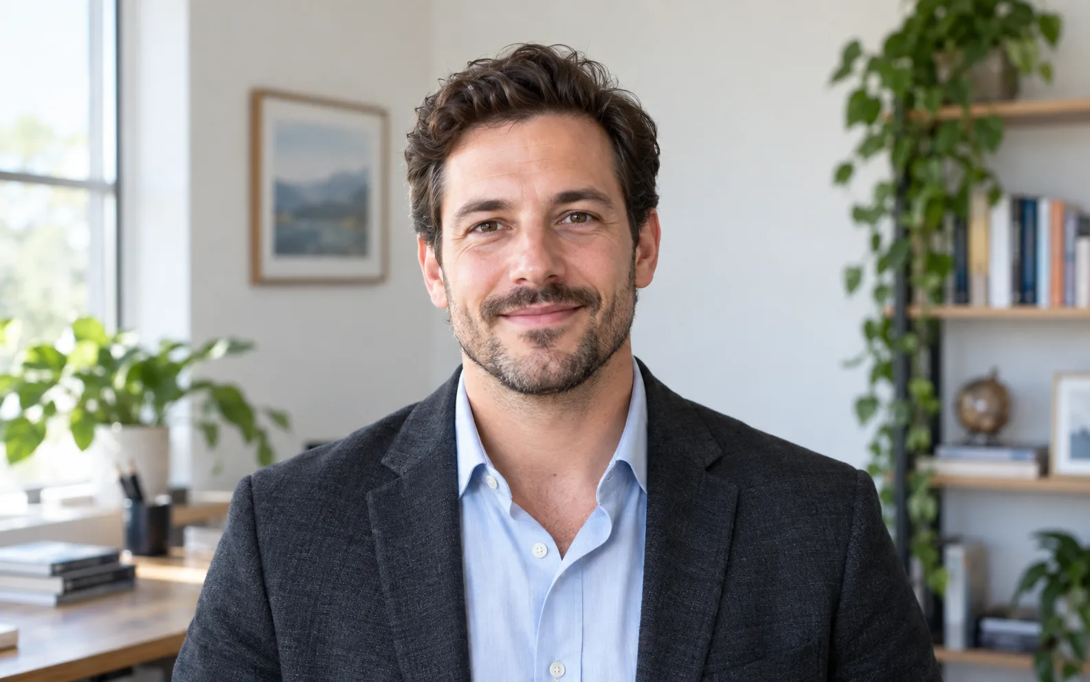 Professional headshot in a softly blurred home office with natural window light