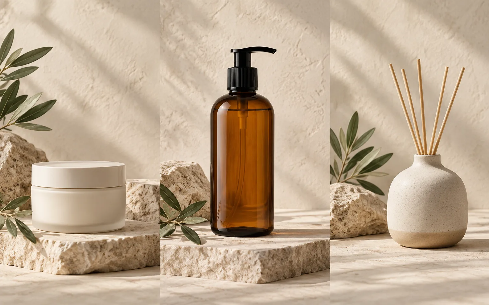 Three unbranded shop products photographed with consistent warm studio backgrounds
