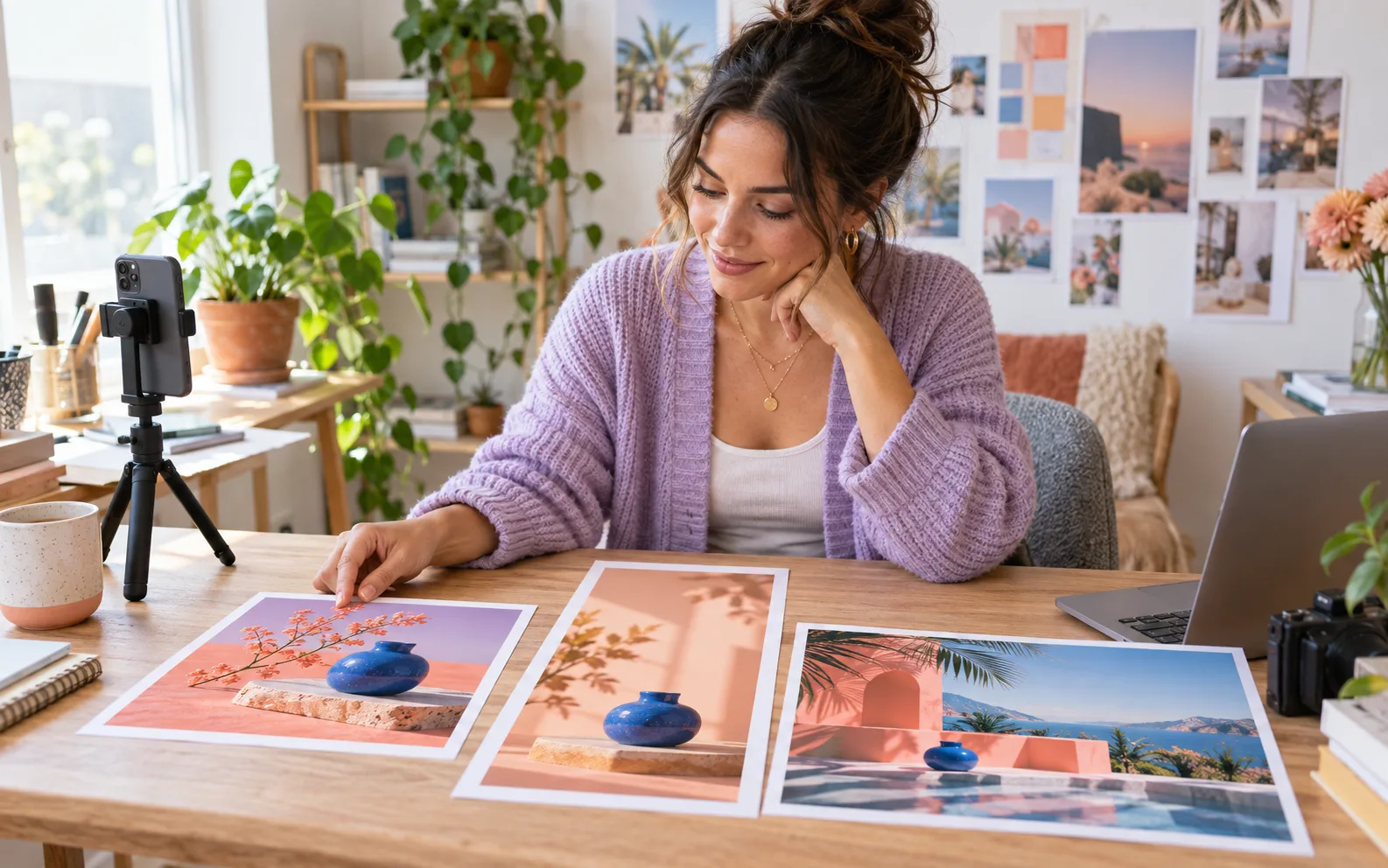 Social media creator reviewing coordinated post, Reel cover, and campaign background concepts at her desk
