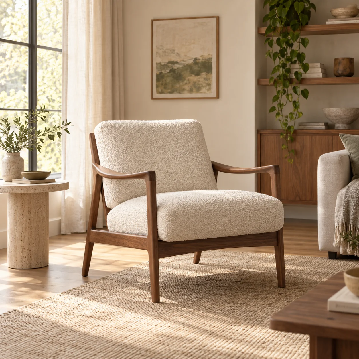 Walnut lounge chair with ivory bouclé upholstery in a sunlit contemporary living room