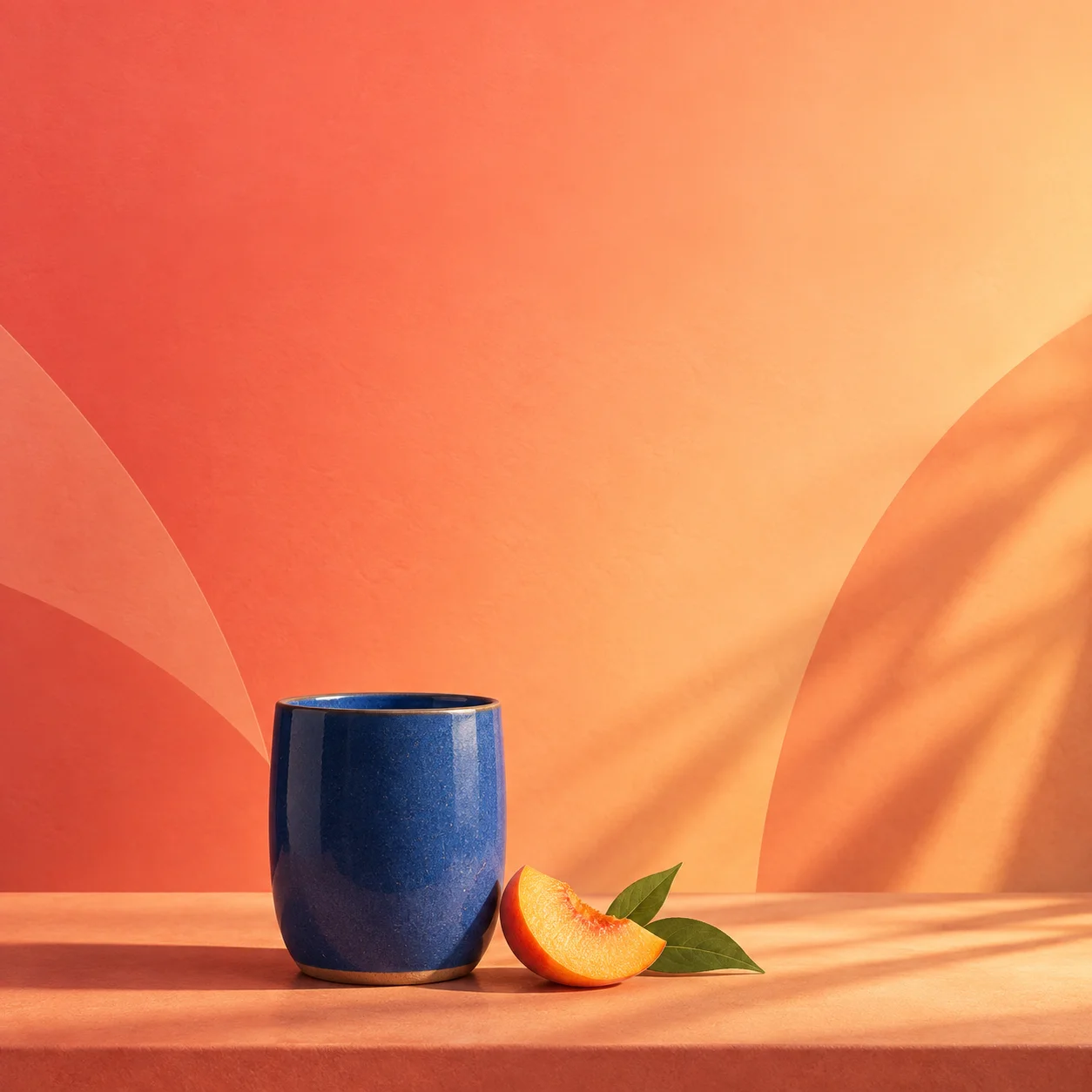 Cobalt-blue ceramic tumbler and peach slice below open space on a coral-to-apricot Instagram Story background