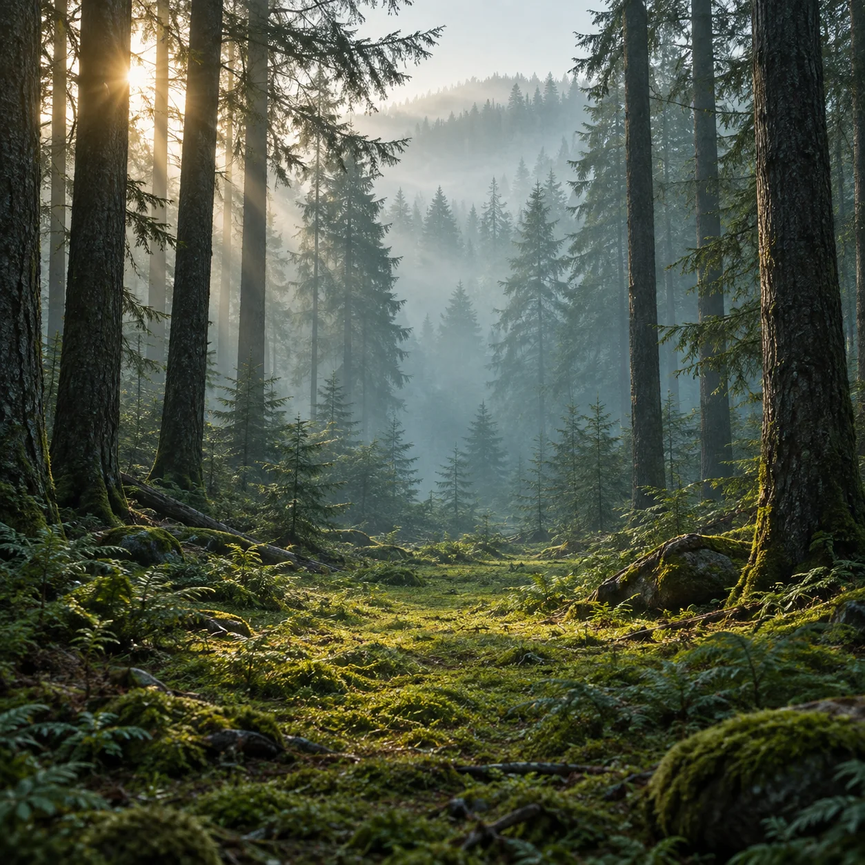 Layered pine trees, dawn light, and blue-green fog around an open mossy forest clearing