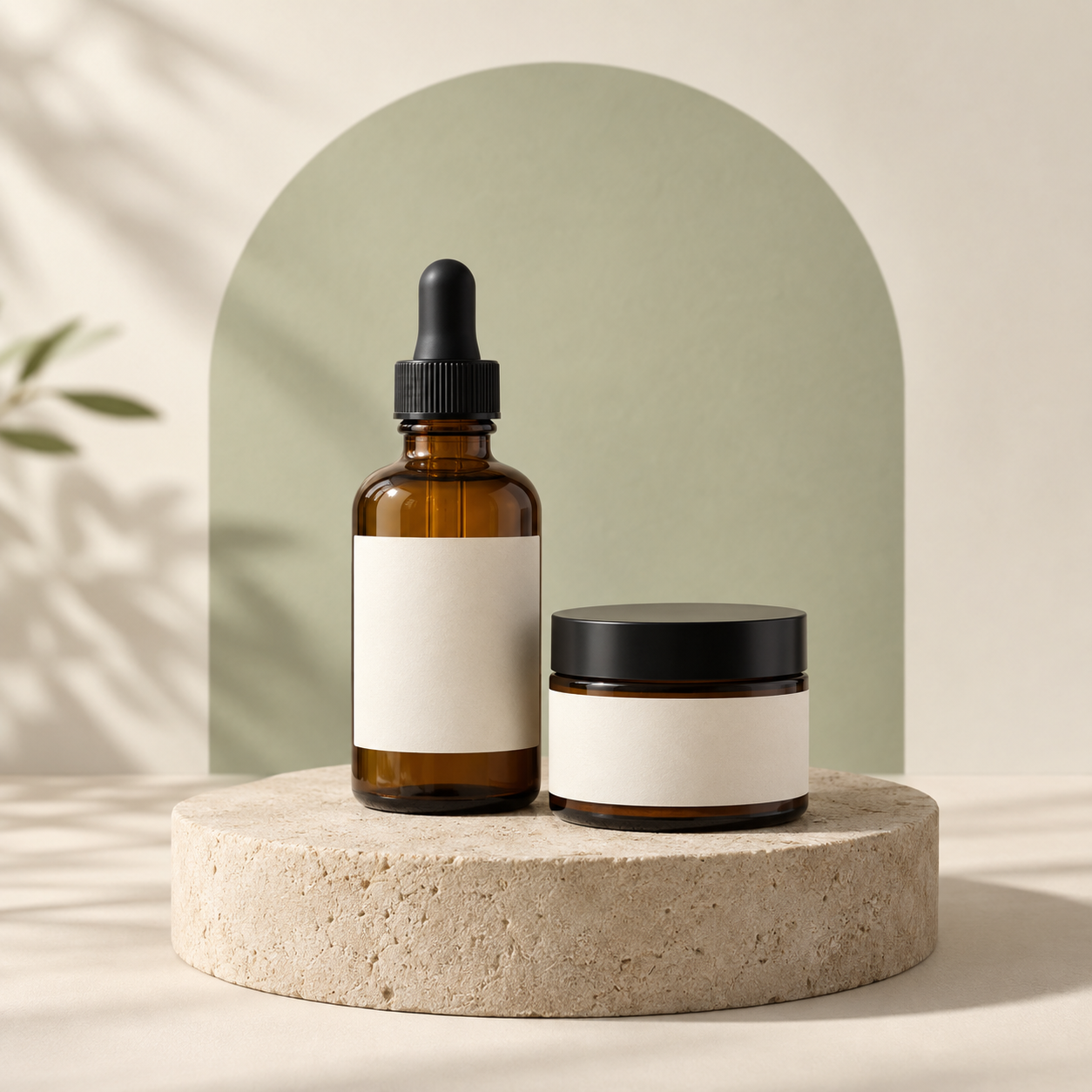 Unbranded amber skincare bottle and cream jar in a warm, softly lit product studio