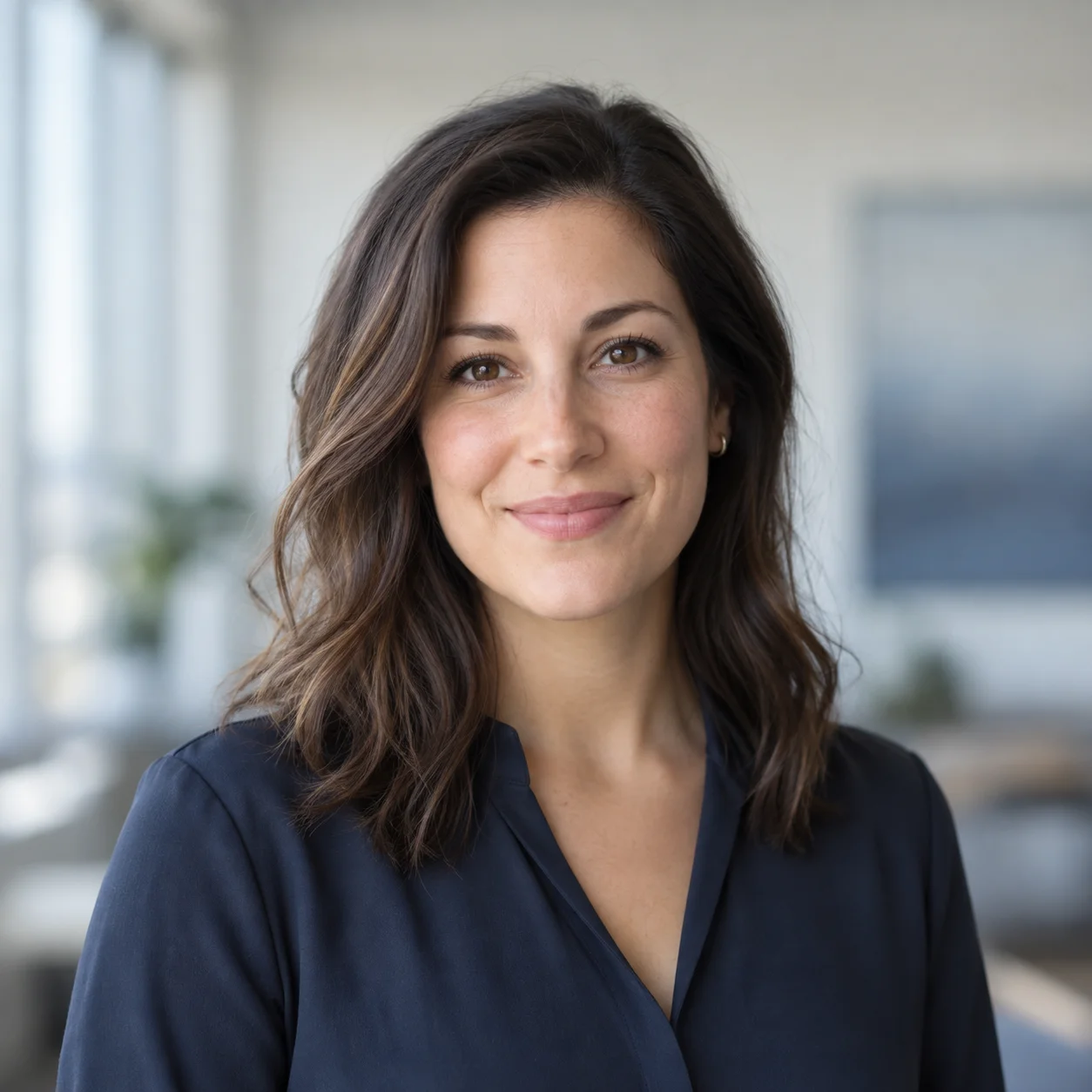 Professional head-and-shoulders portrait against a softly blurred modern office background