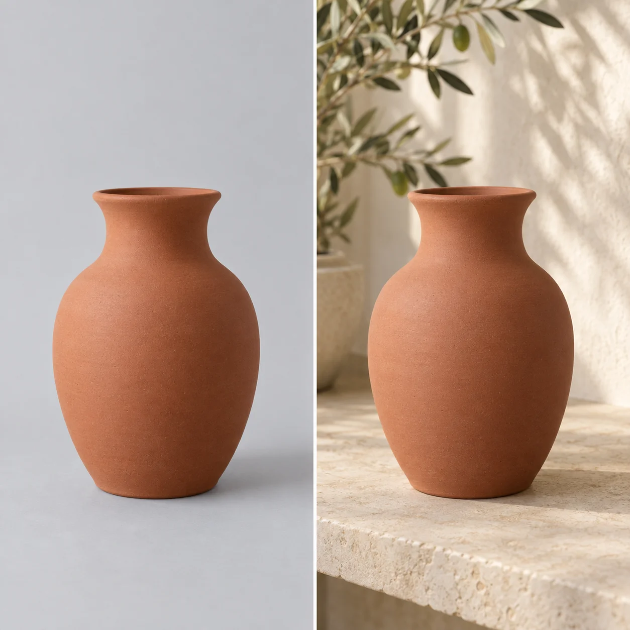 Before-and-after background example showing the same terracotta vase on a plain gray backdrop and a sunlit interior shelf