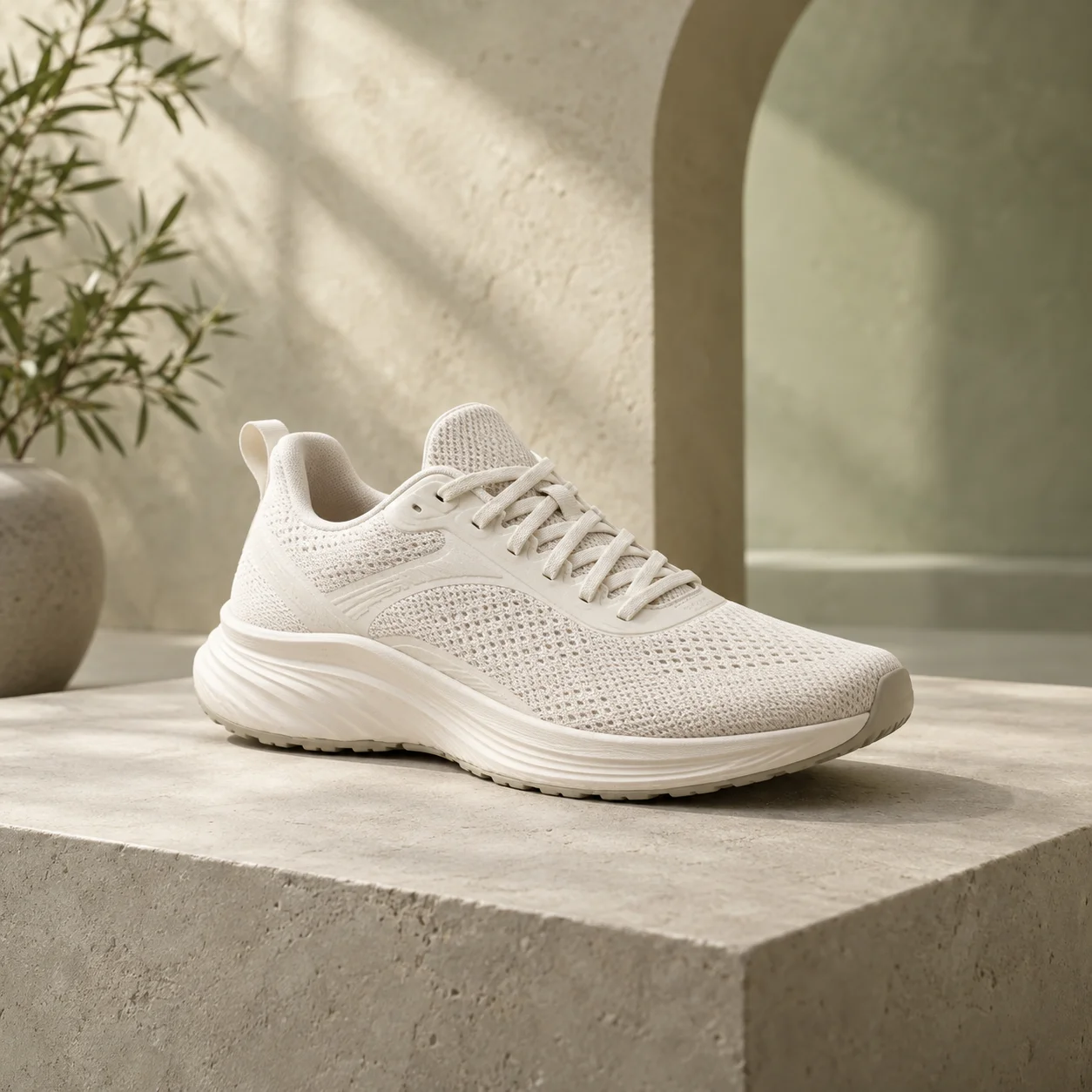 Unbranded off-white running sneaker on a warm microcement platform in a naturally lit store-ready product scene