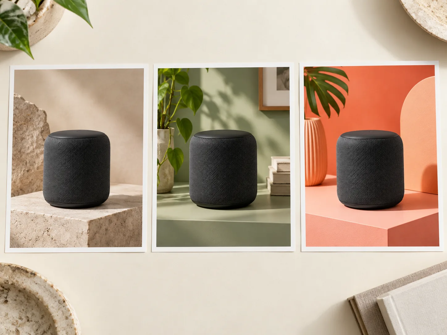 Same speaker shown against three different backgrounds for comparison