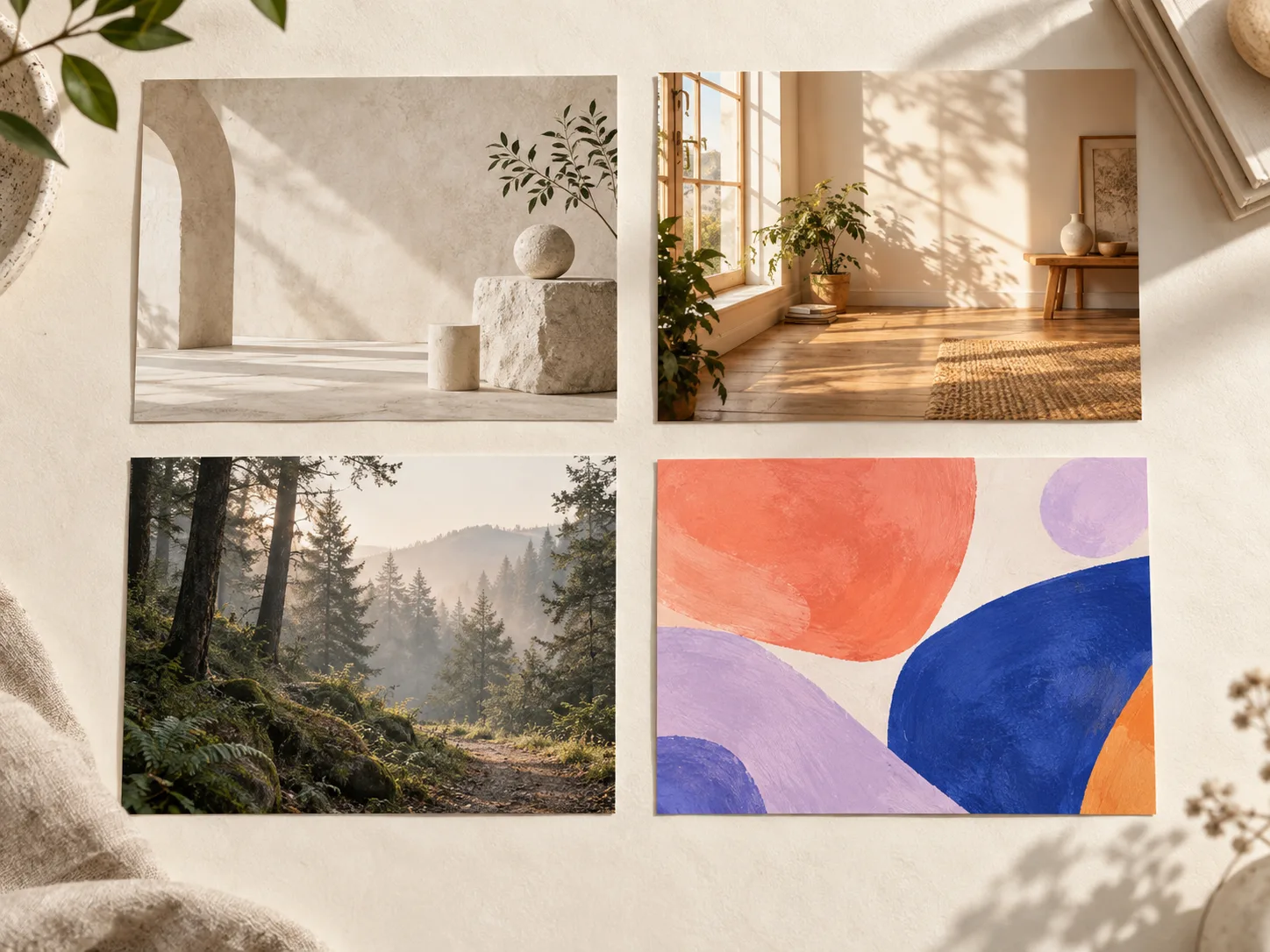 Four background styles: studio, home interior, misty forest, and abstract art