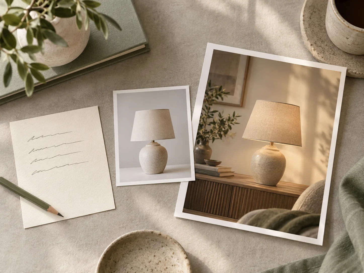 Prompt note and reference photo beside a finished lamp scene with a new background