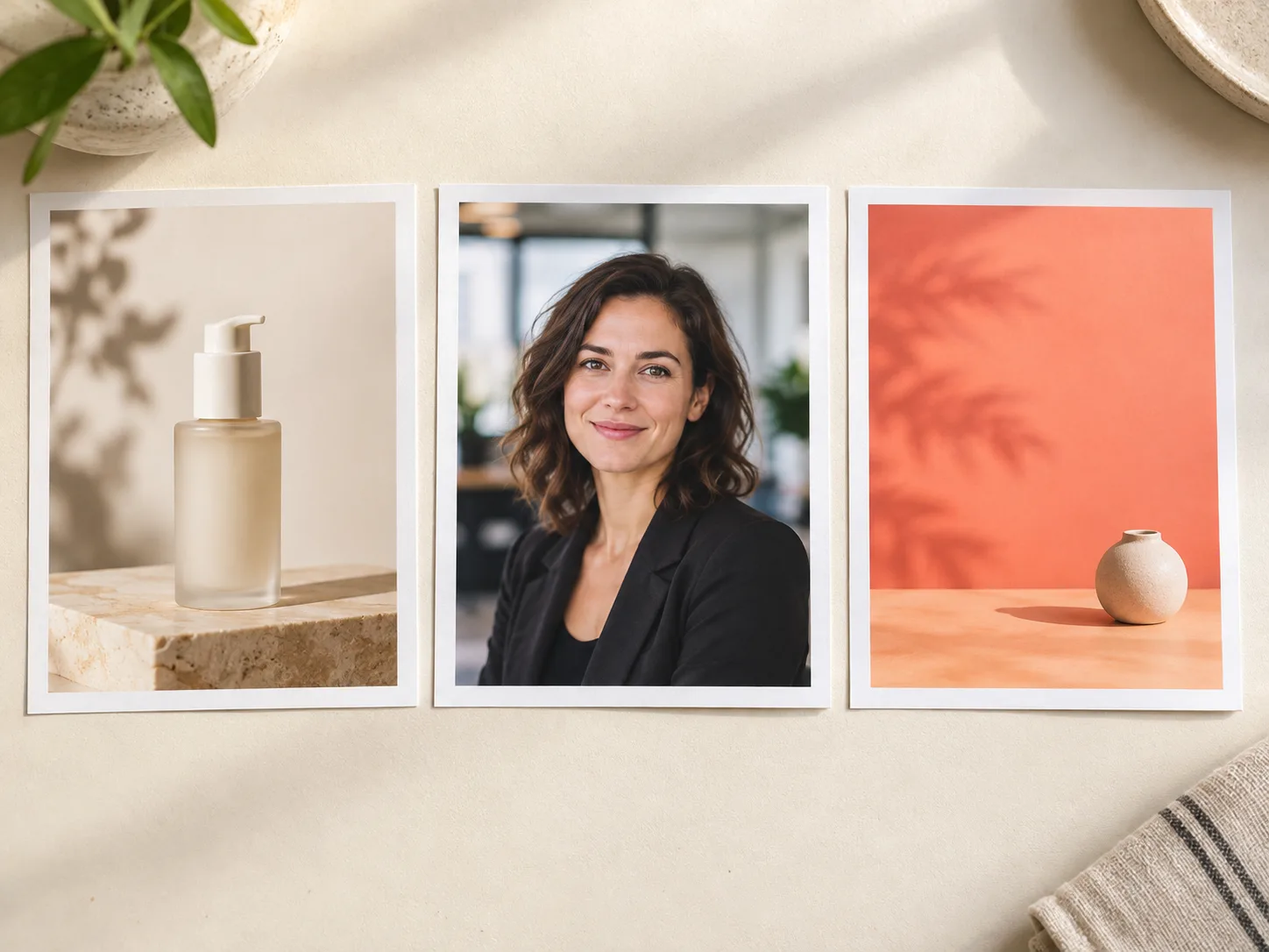 Product, professional portrait, and social post examples with distinct backgrounds