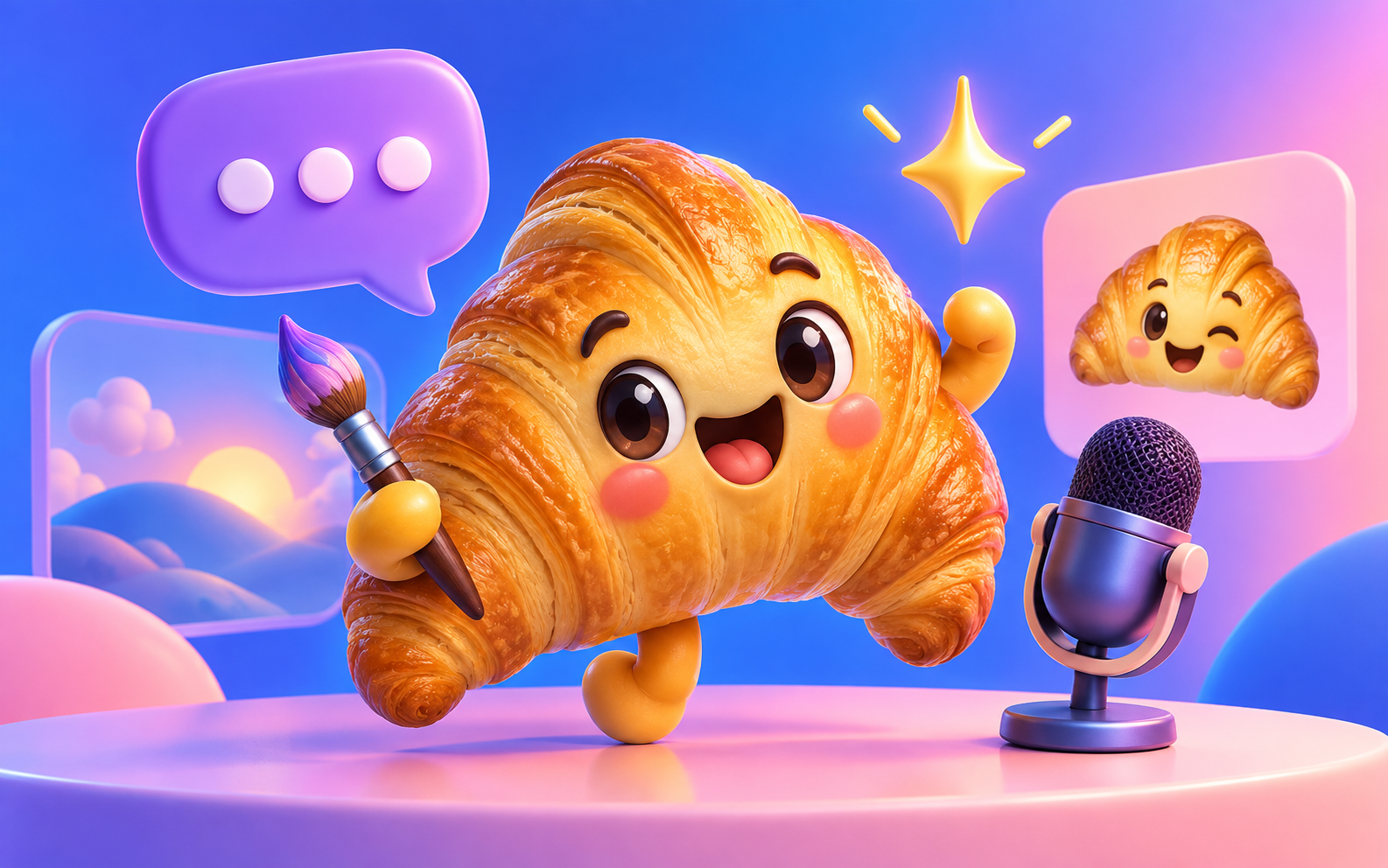 A cheerful croissant emoji creator with a paintbrush, chat bubble, and microphone