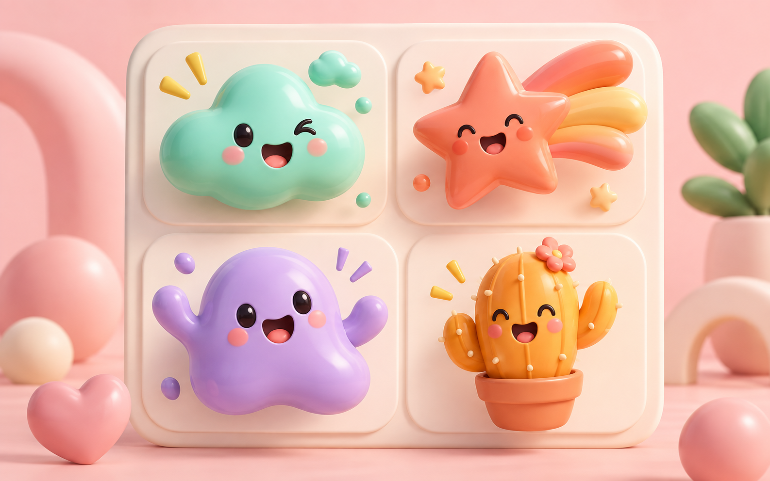 Four cheerful original emoji mascots displayed in a soft pink creator board
