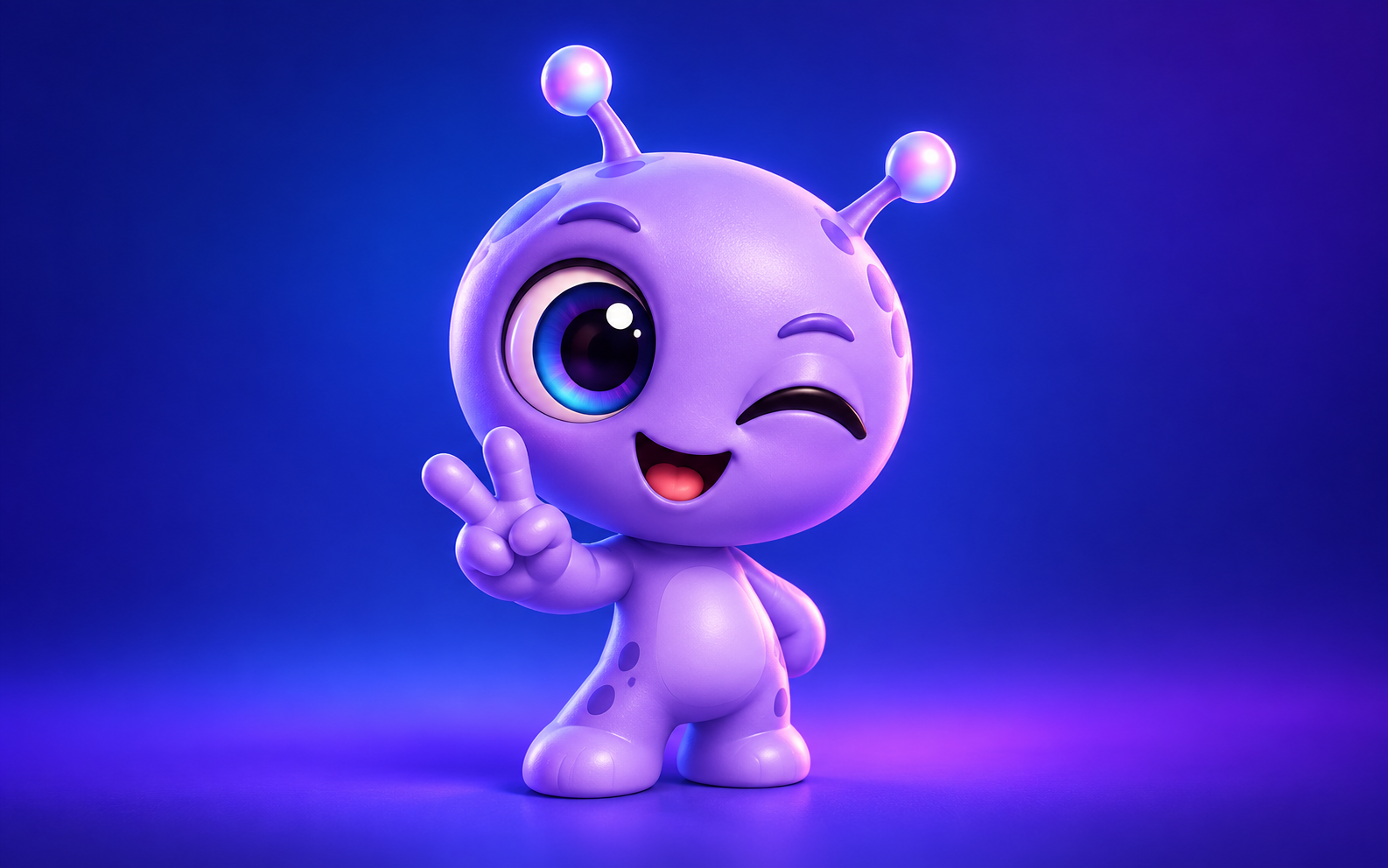 3D lavender alien emoji making a peace sign