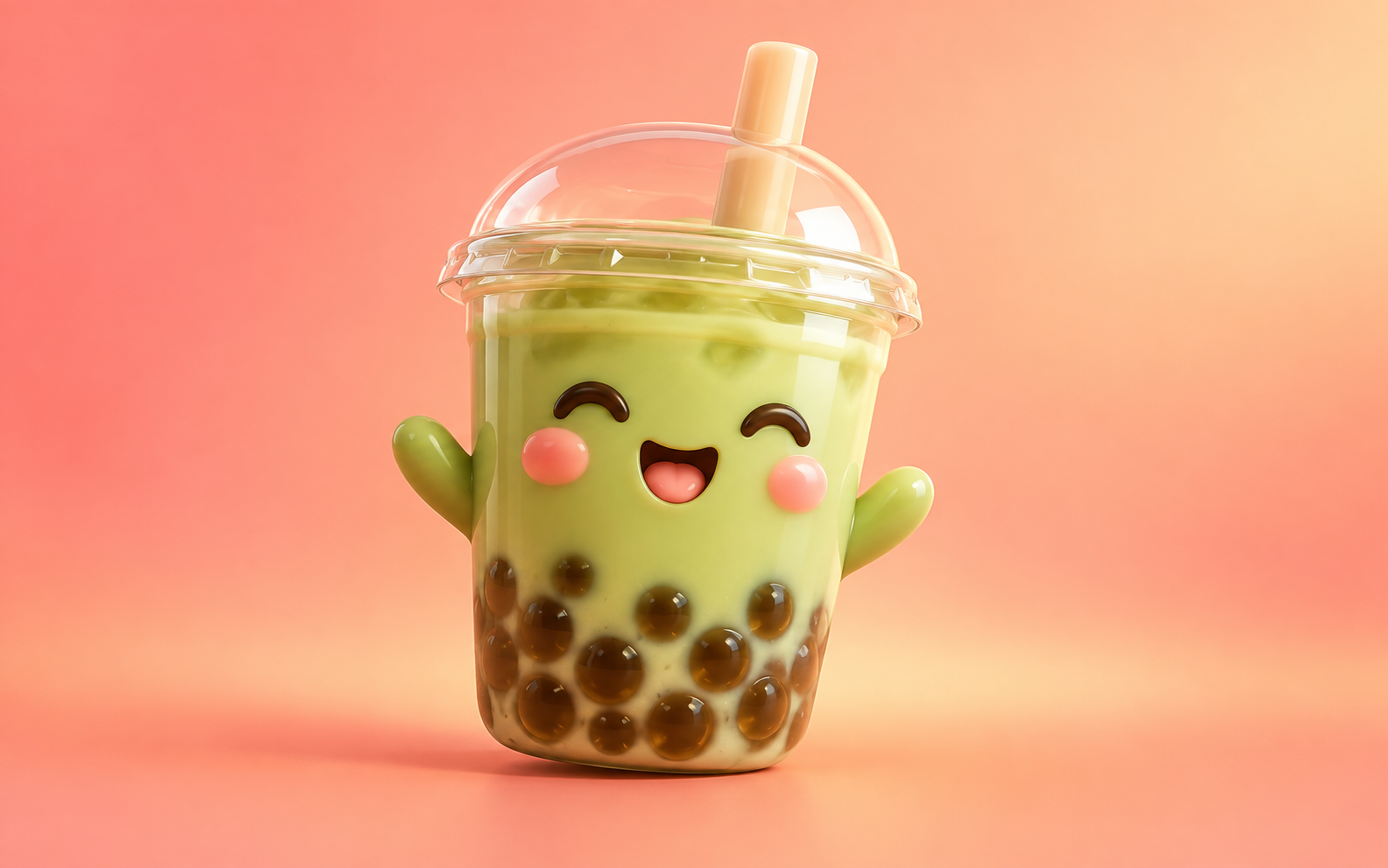 3D matcha bubble tea mascot with a happy face