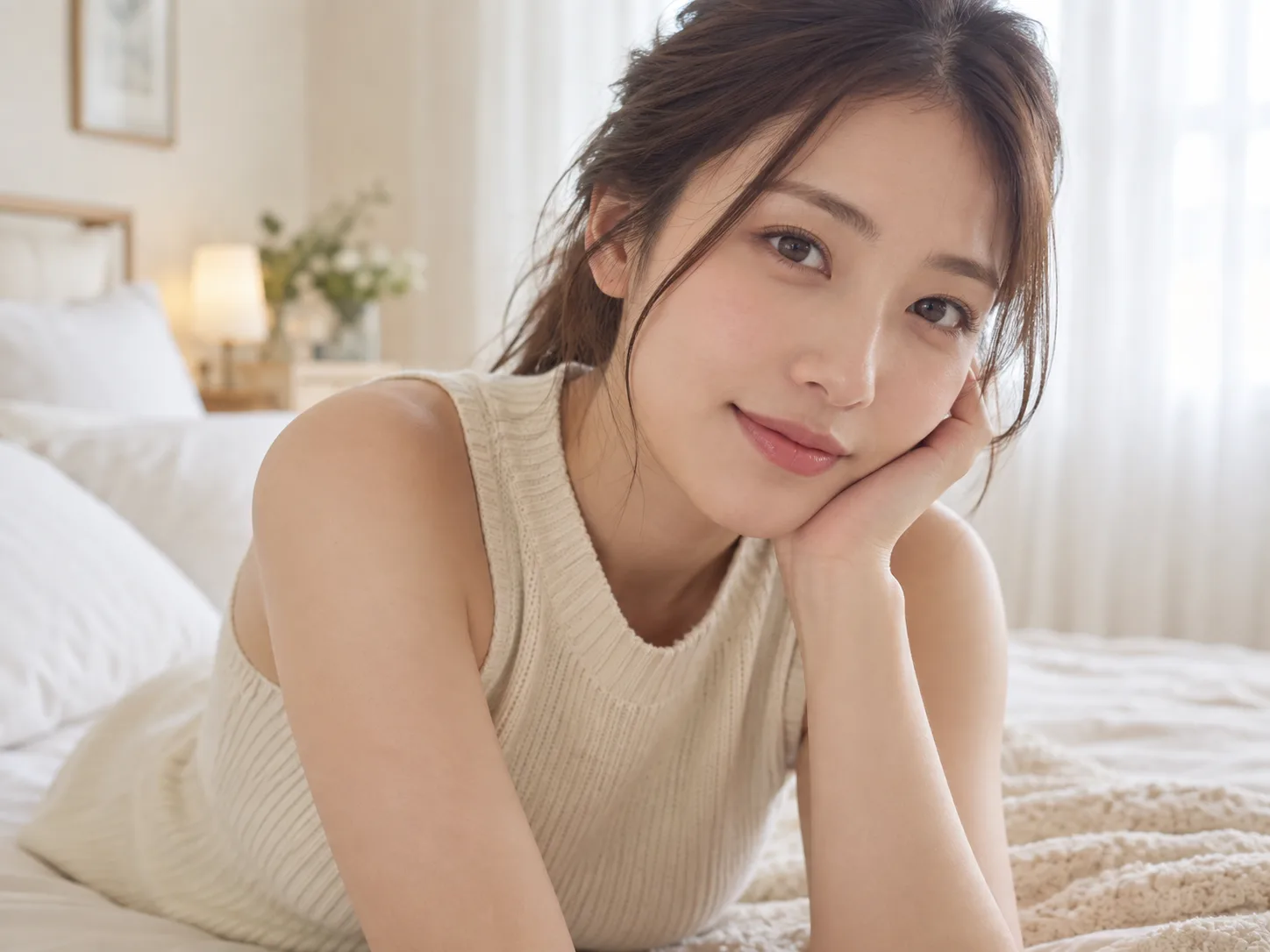 Original photorealistic portrait of a fictional adult woman in a softly lit bedroom