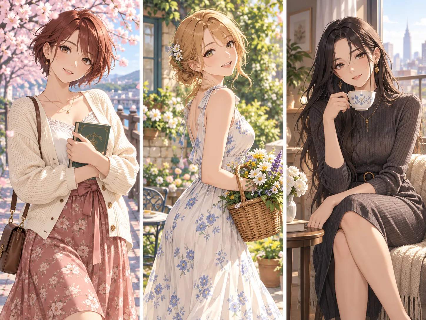 Three original anime illustrations of fictional adult women with distinct hairstyles, outfits, and settings