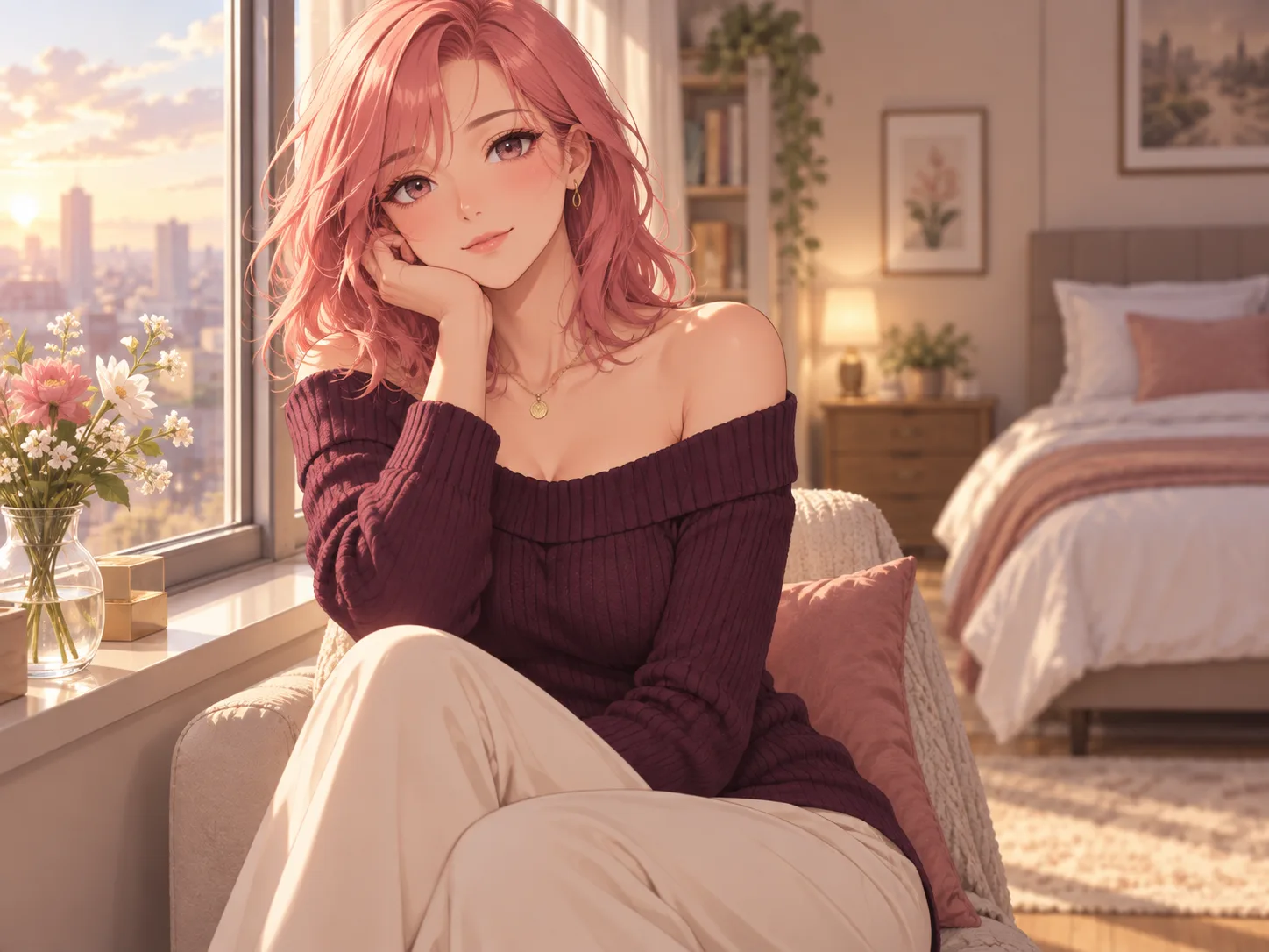 Original anime illustration of a fictional adult woman with pink hair beside a sunlit apartment window