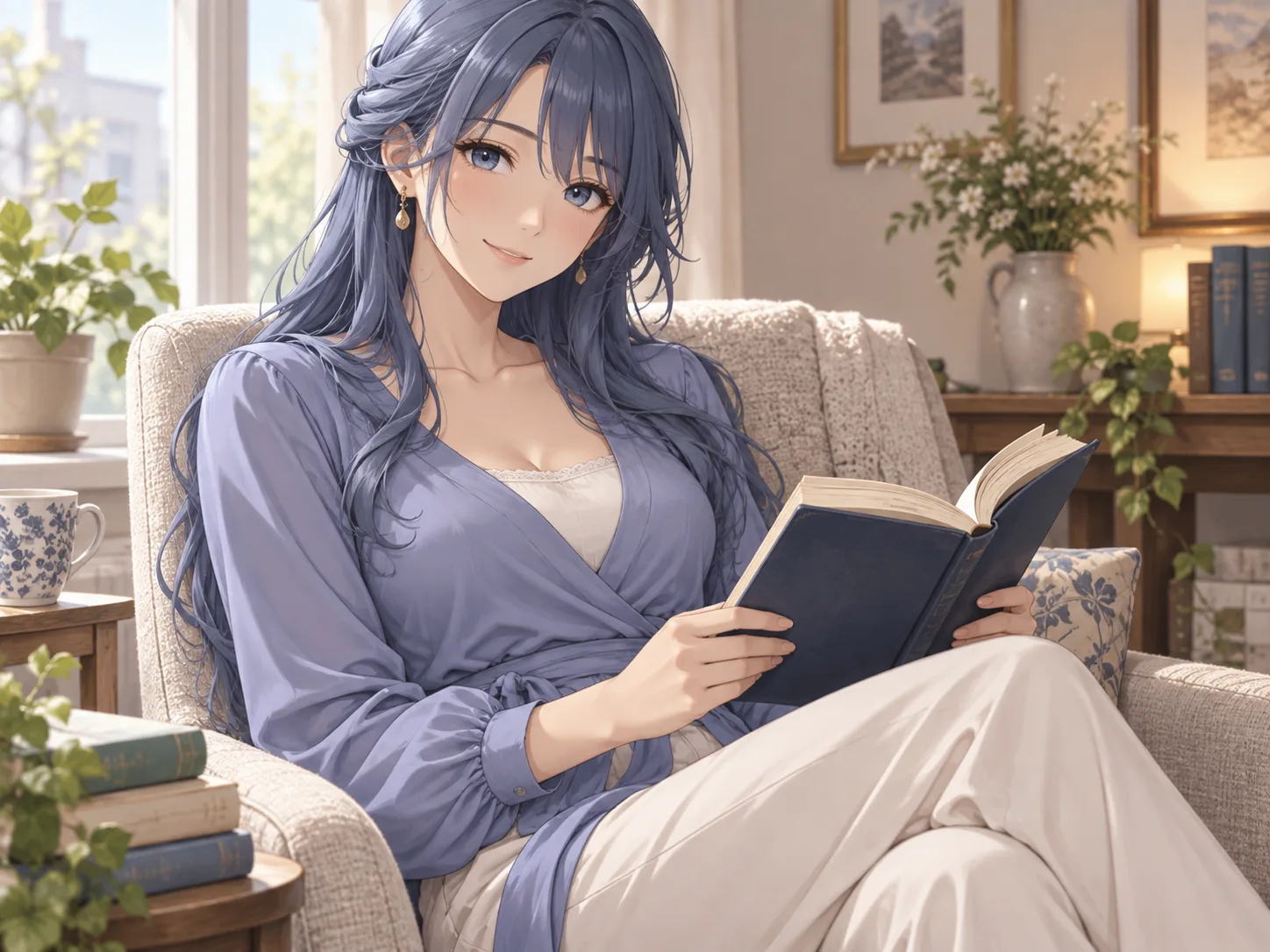 Original anime illustration of a fictional adult woman with slate-blue hair reading in a softly lit chair