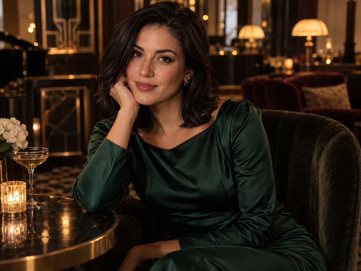 Original photorealistic portrait of a fictional adult woman in an emerald dress at a candlelit lounge