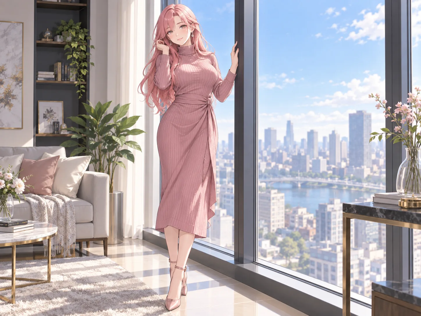 Original anime illustration of a fictional adult woman with rose-pink hair standing beside a city apartment window