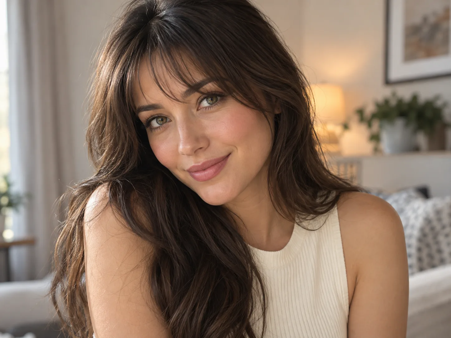 Original photorealistic close-up portrait of a fictional adult woman with long dark brown hair in a softly lit apartment