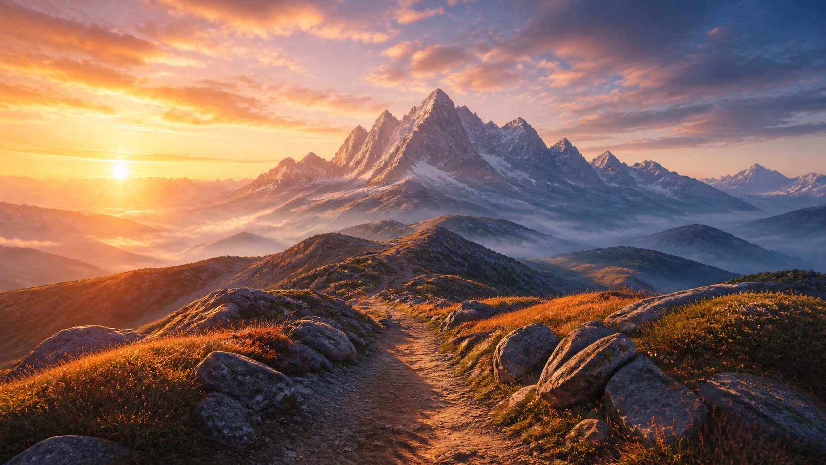 Dramatic sunrise mountain horizon for starting a new AI Generated mountain scene