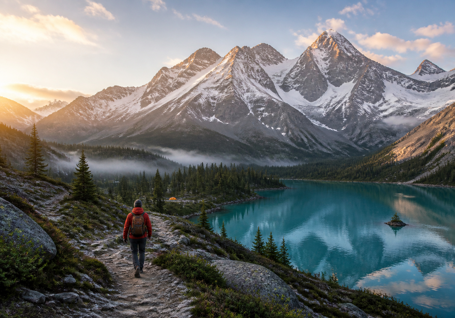 Traveler in a rust-red jacket hiking beside a turquoise alpine lake beneath snow-covered mountains at sunrise