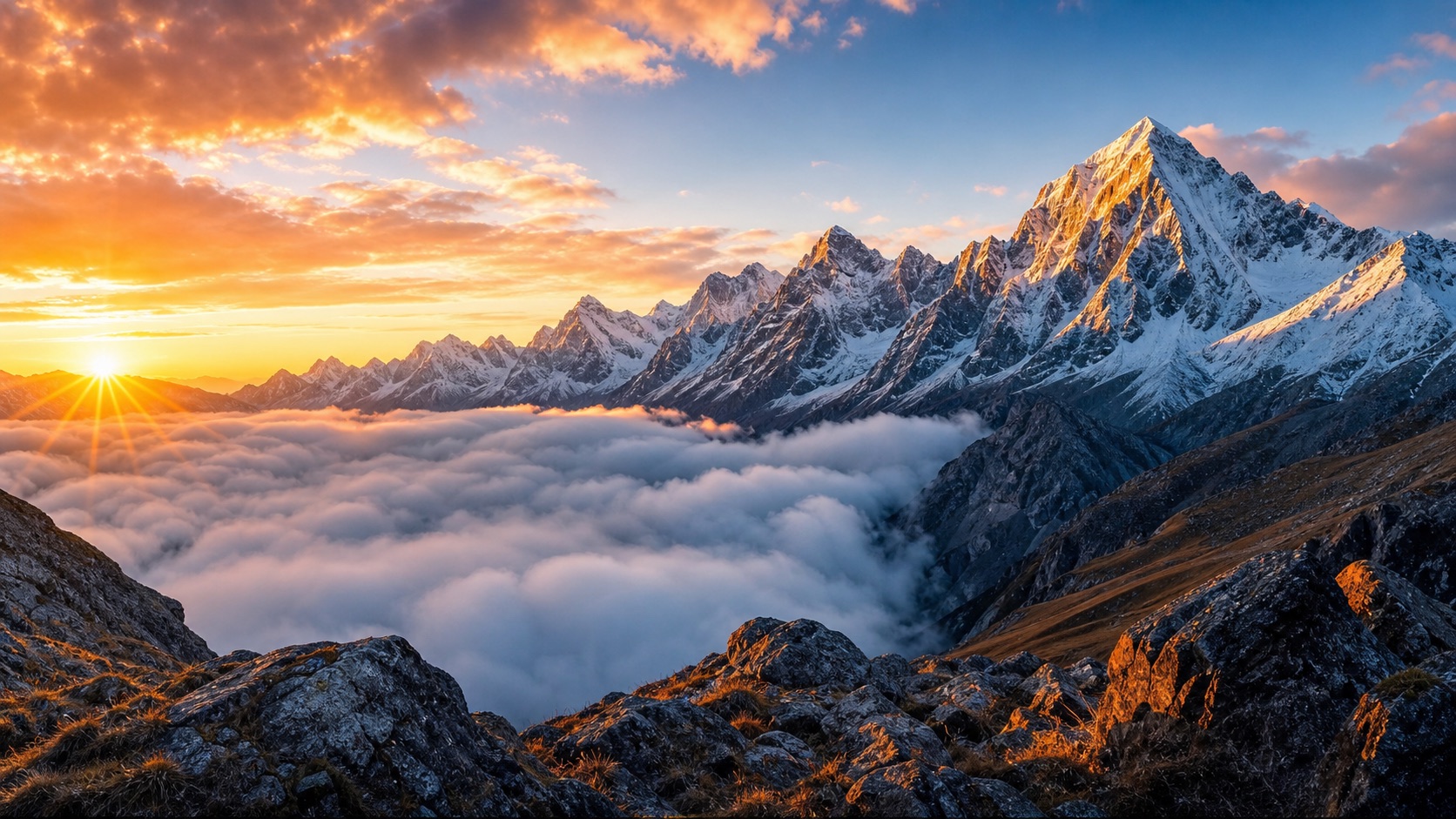 Sunrise light on a snow-capped alpine mountain peak above a valley