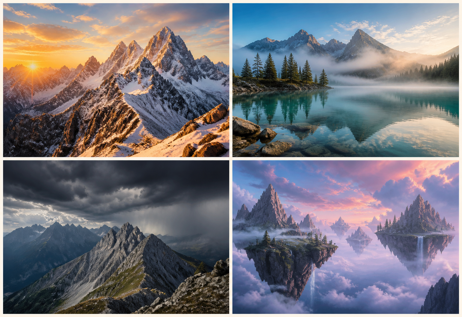 Four mountain image directions: snowy sunrise peaks, a misty alpine lake, a stormy rocky ridge, and fantasy floating mountains