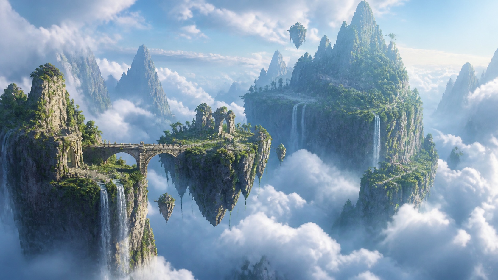 Fantasy floating mountains above a bright sea of clouds