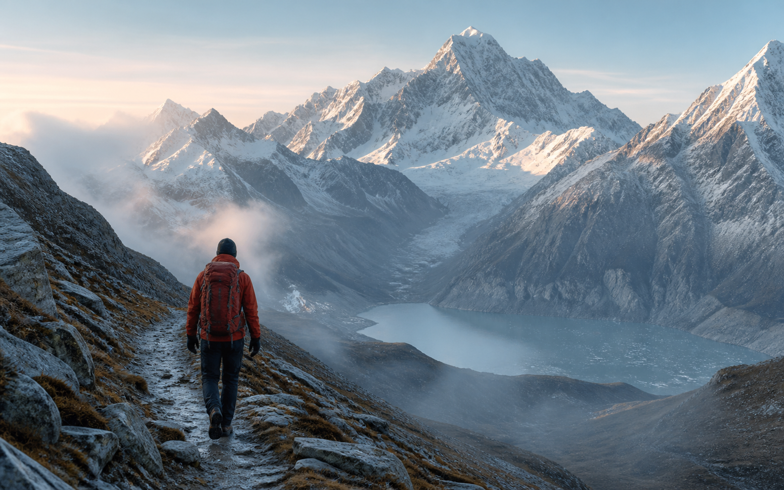 Hiker in a red jacket walking above an alpine lake and snowy mountain valley