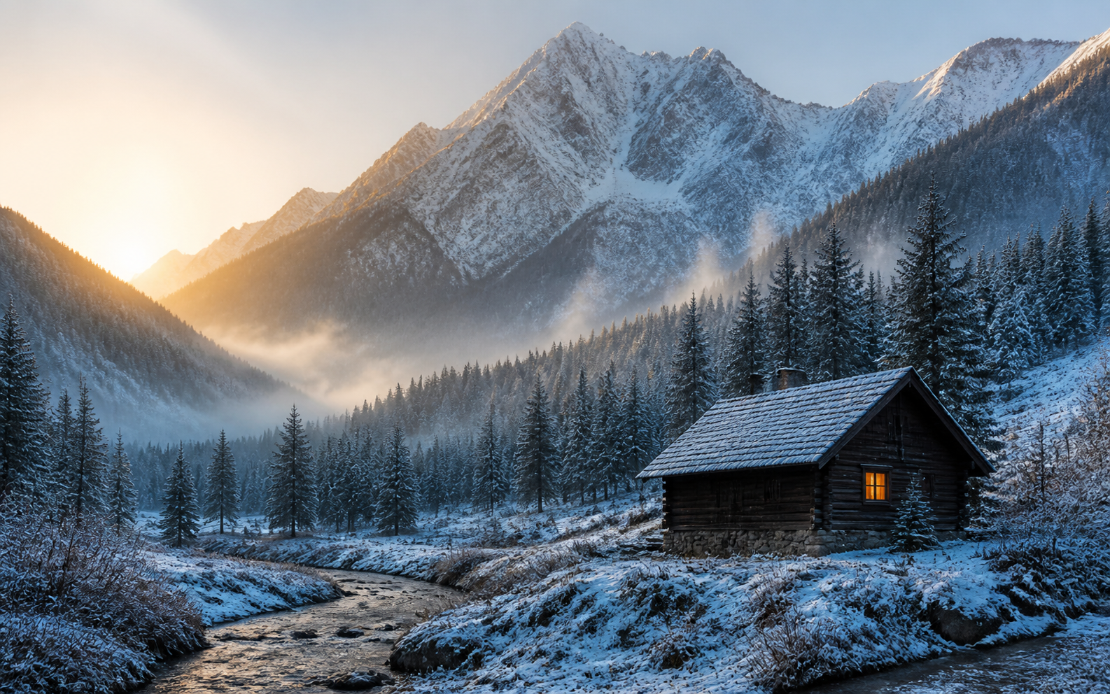 Wooden mountain cabin with one glowing window beside a snowy alpine valley