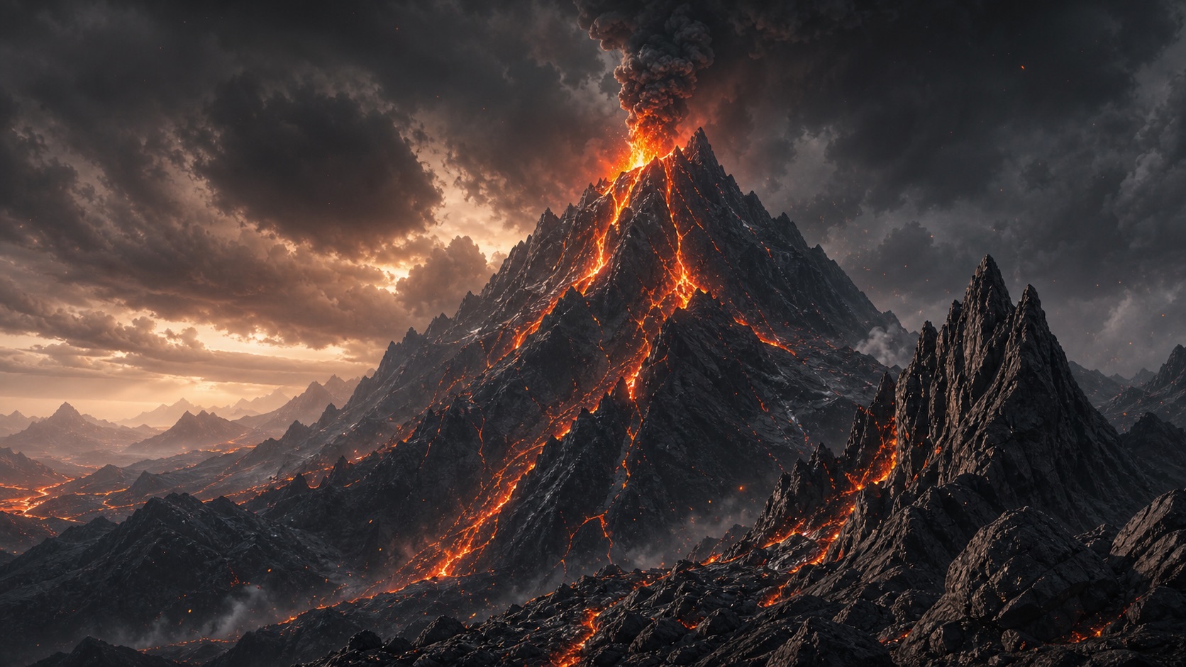 Dramatic storm clouds over a rugged AI generated mountain range