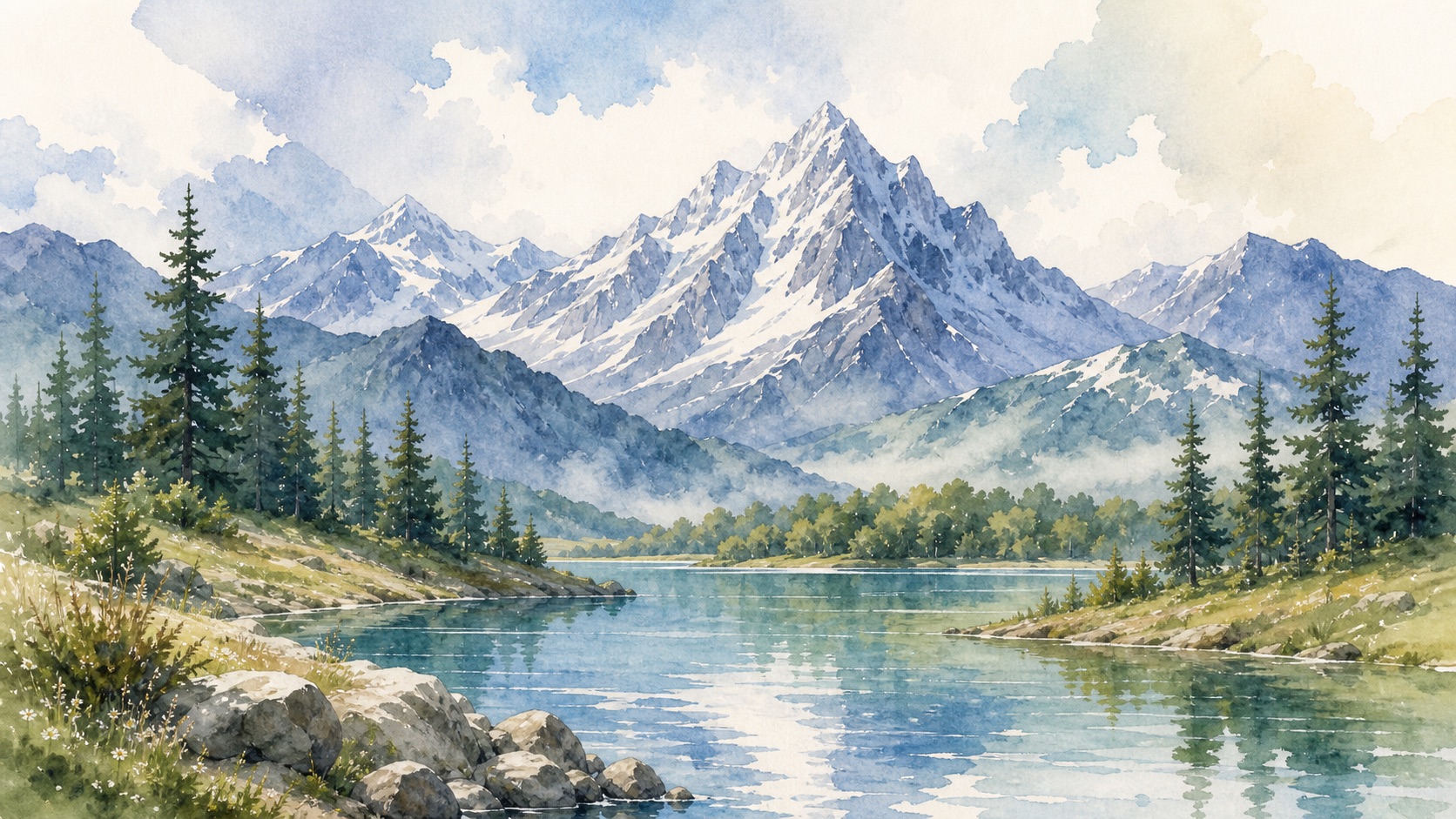 Mountain lake with pale reflection below a misty alpine range