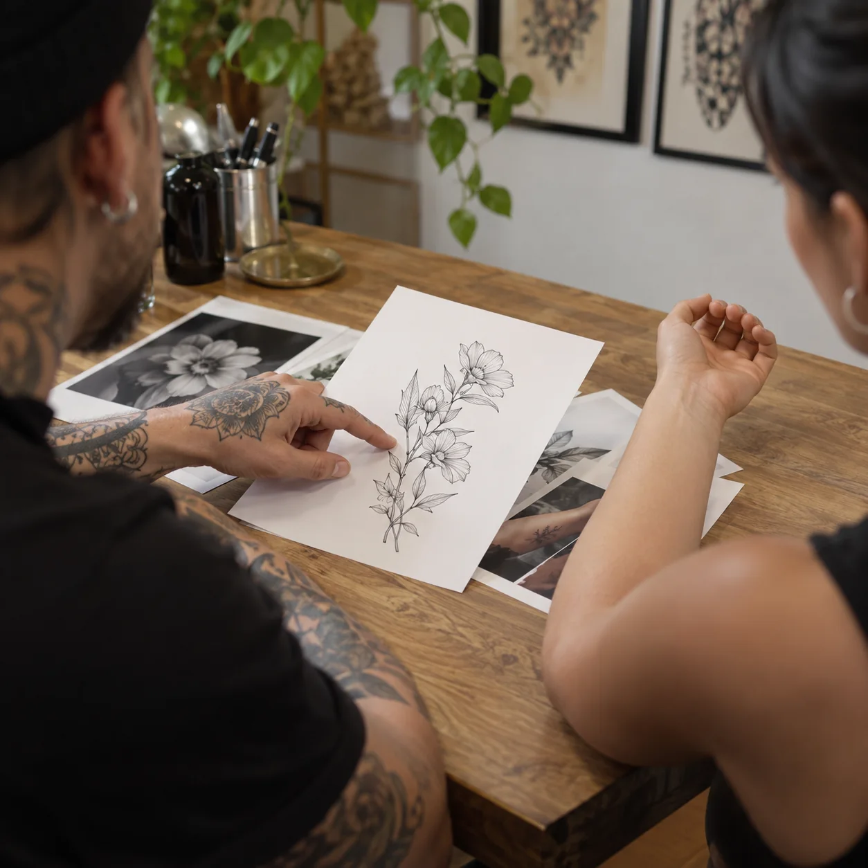 Tatuatore e cliente esaminano su carta una proposta floreale accanto a un avambraccio