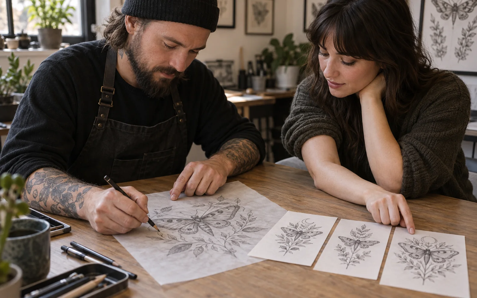 Tatuatore e cliente confrontano schizzi di una falena mentre perfezionano un disegno originale