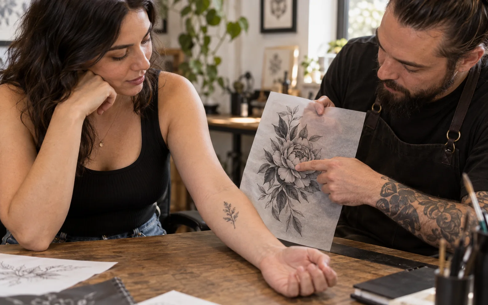 Cliente e tatuatore valutano una peonia scura, più grande del tatuaggio già guarito sull’avambraccio, come possibile copertura