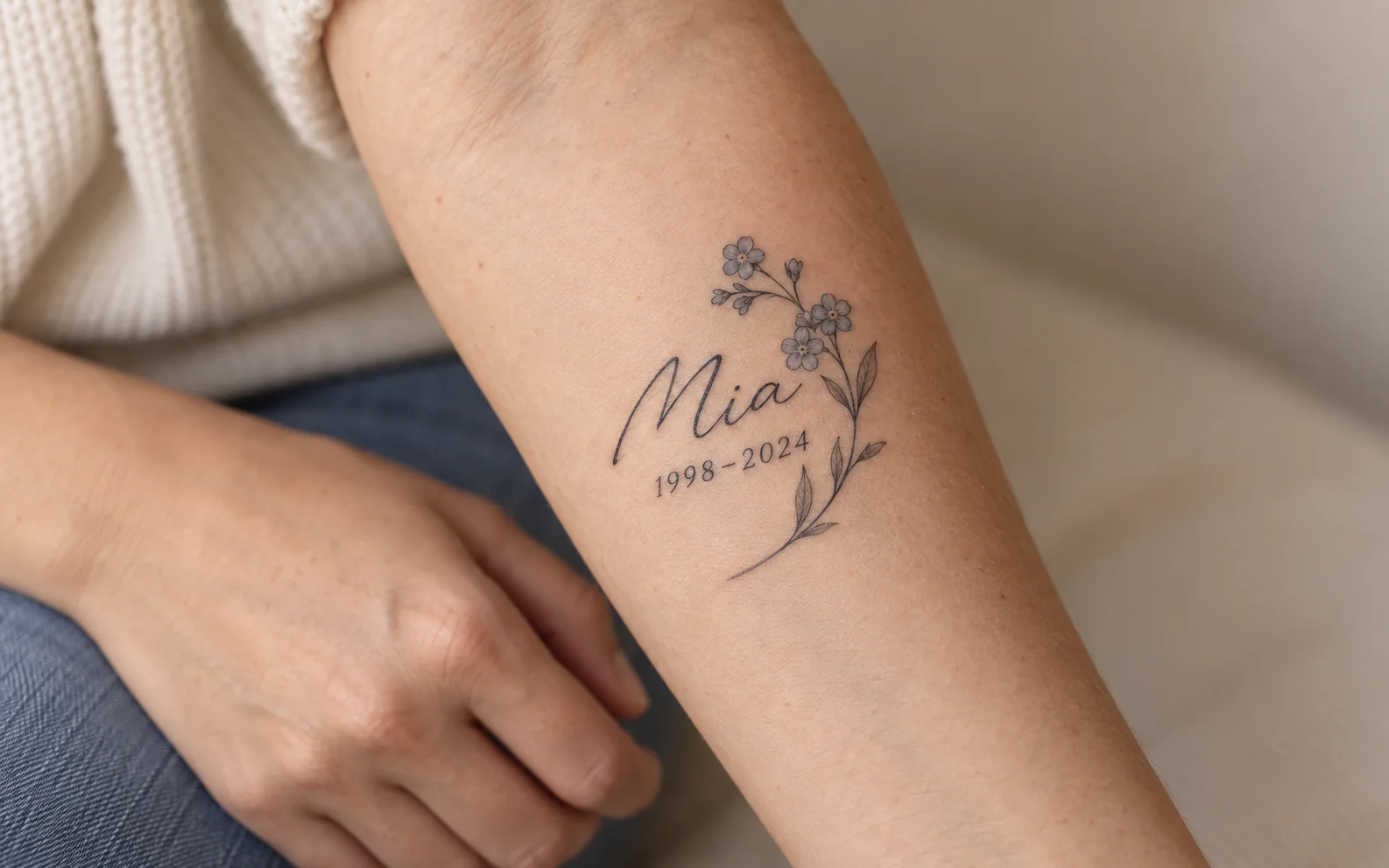 Bozza commemorativa di Mia a linee sottili, con la data 1998–2024 e non ti scordar di me sull’avambraccio di una persona adulta
