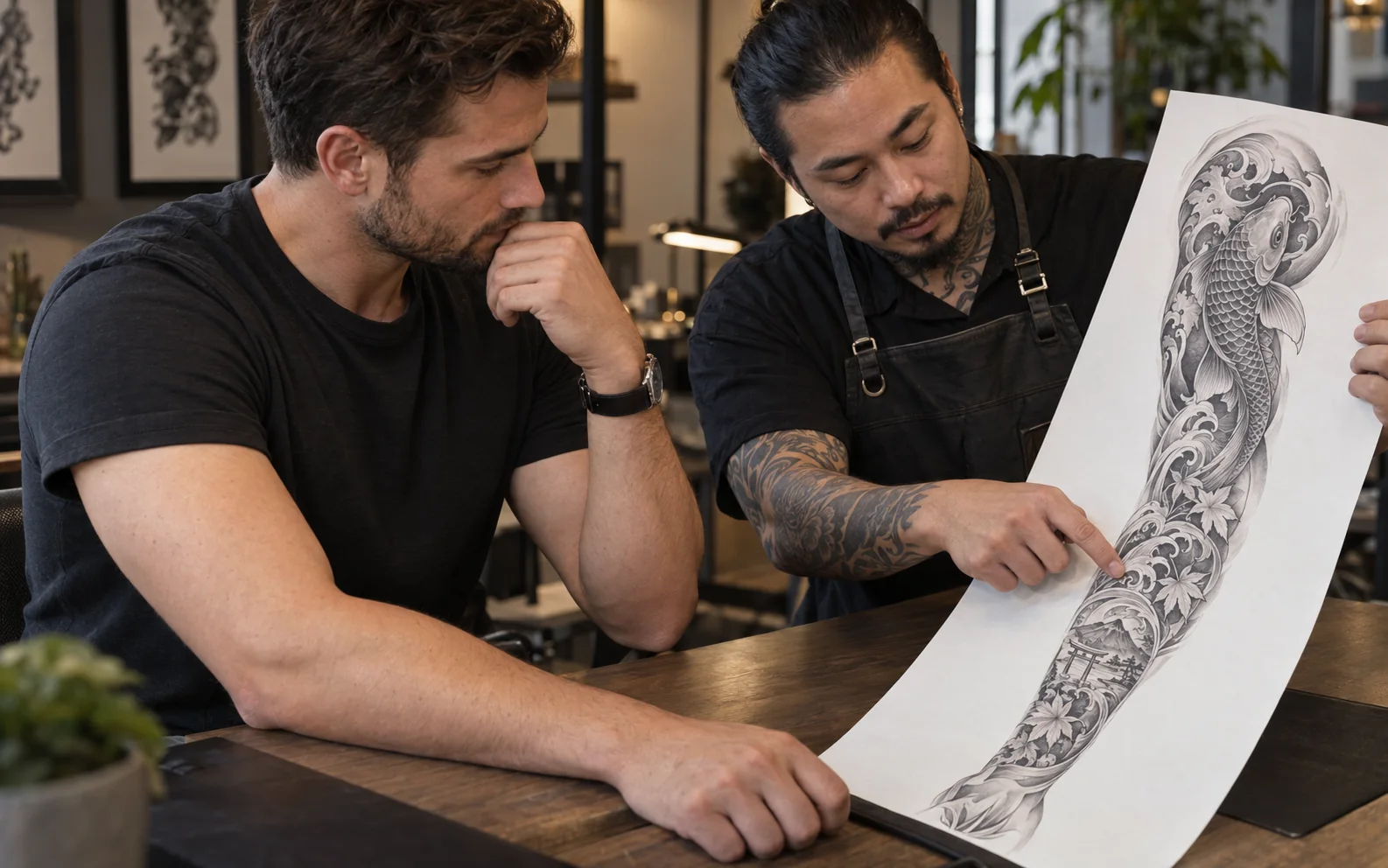Un tatuatore mostra al cliente un disegno continuo a manica intera, con carpe koi e foglie d’acero dalla spalla al polso