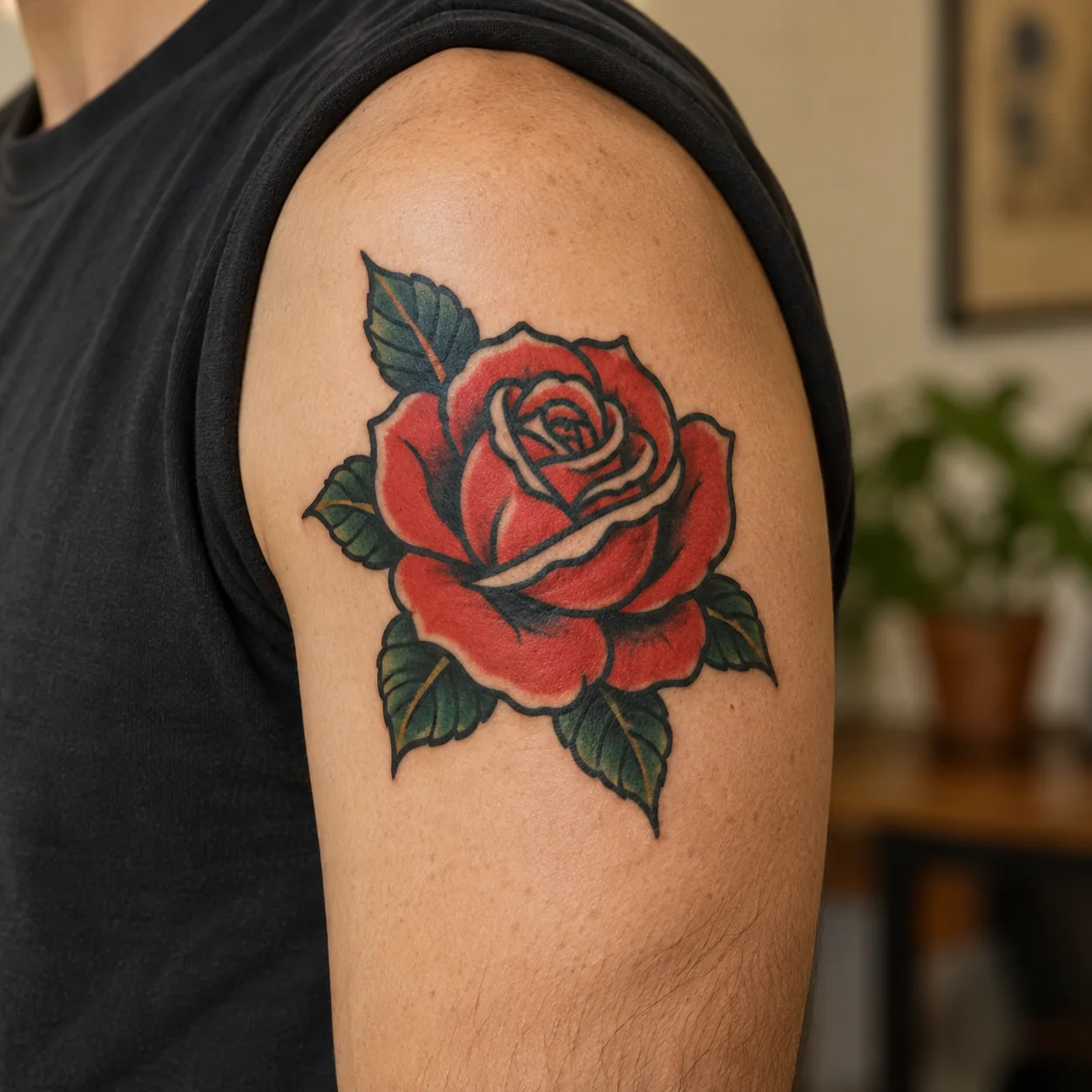 Bozza di tatuaggio con rosa rossa dai contorni neri marcati e foglie verde scuro sulla parte esterna del braccio di una persona adulta