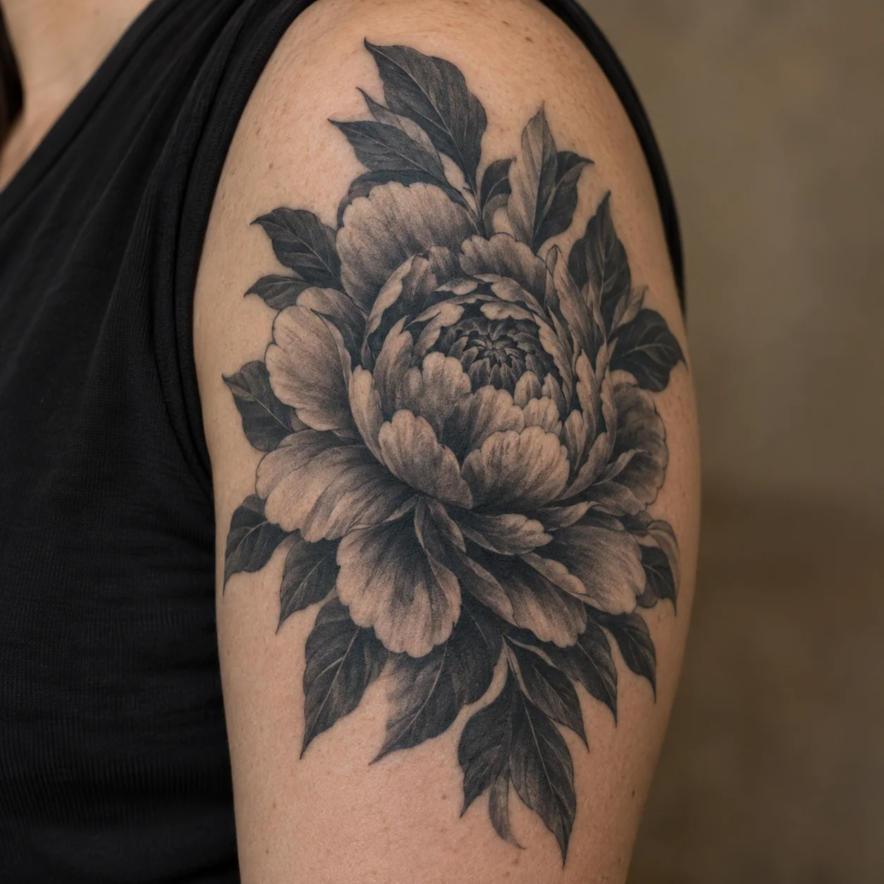 Bozza di tatuaggio con grande peonia in nero e grigio e foglie scure sulla parte esterna del braccio di una persona adulta