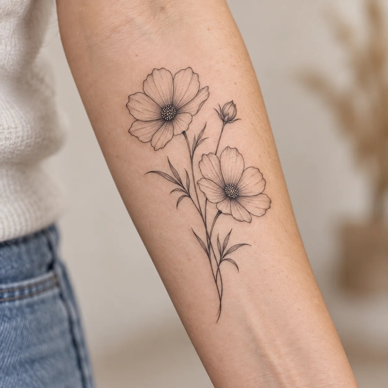 Bozza di tatuaggio floreale a linee sottili con due fiori, un bocciolo e foglie slanciate sull’interno dell’avambraccio di una persona adulta