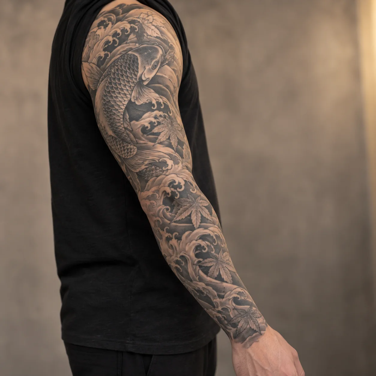 Tatuaggio a manica intera in nero e grigio con carpa koi, acqua corrente e foglie d’acero sul braccio di una persona adulta