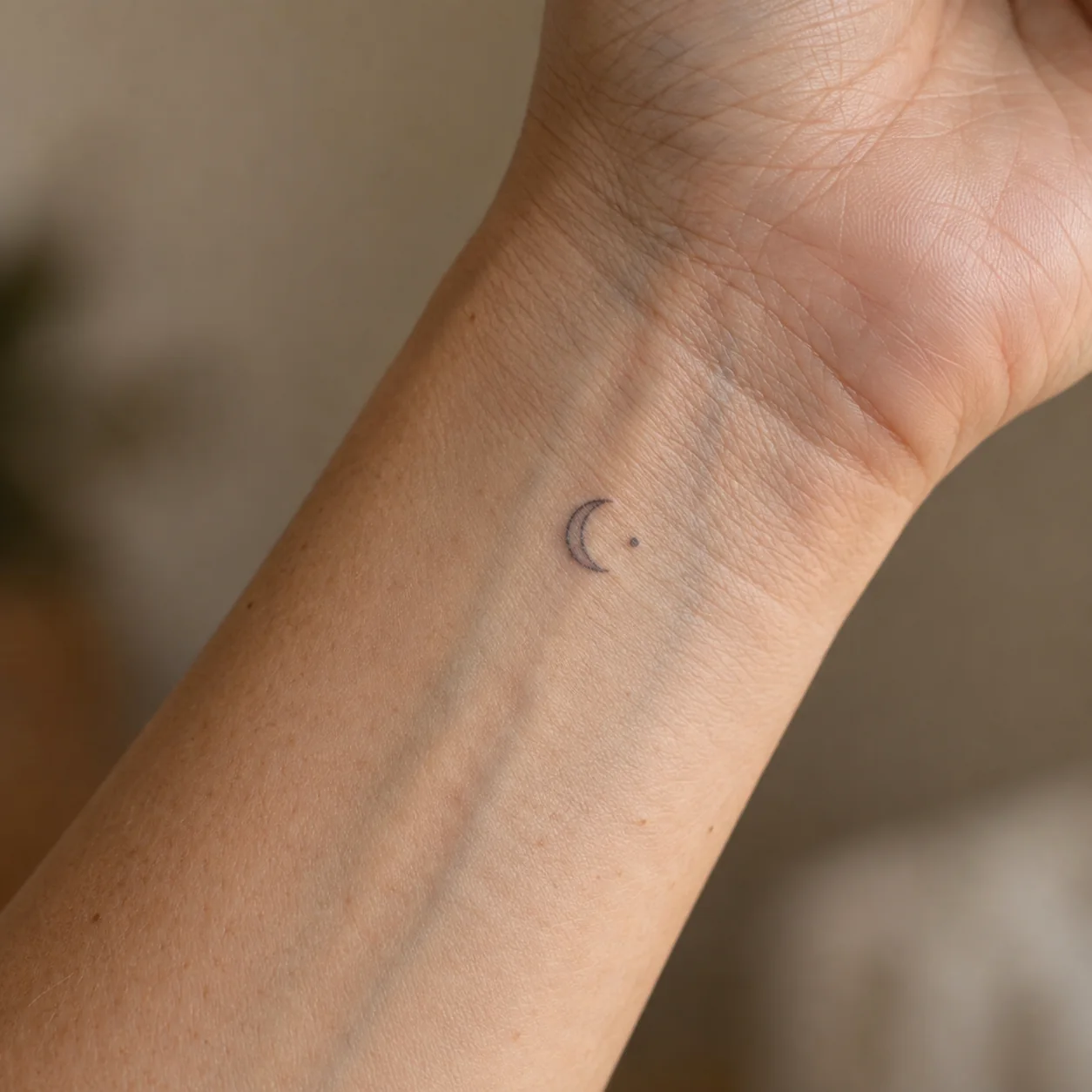 Bozza di tatuaggio con una piccola luna crescente e un punto all’interno del polso di una persona adulta